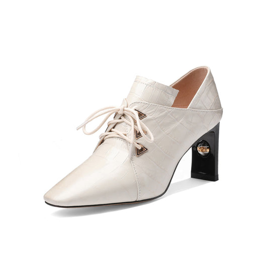 Nine Seven Women's Handmade Embossed Genuine Leather Square Toe Exquisite High Heel Lace Up Plus-Size Pump Shoes