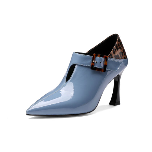 Nine Seven Women's Handmade Patent Leather Elegant Pointed Toe Buckled Mid Heel Pumps with Leopard Print