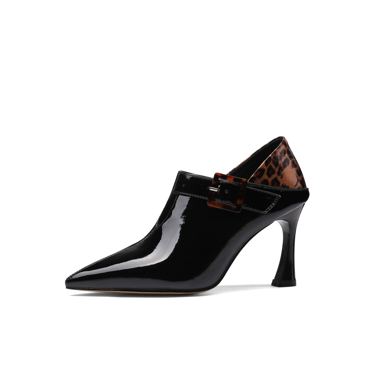 Nine Seven Women's Handmade Patent Leather Elegant Pointed Toe Buckled Mid Heel Pumps with Leopard Print