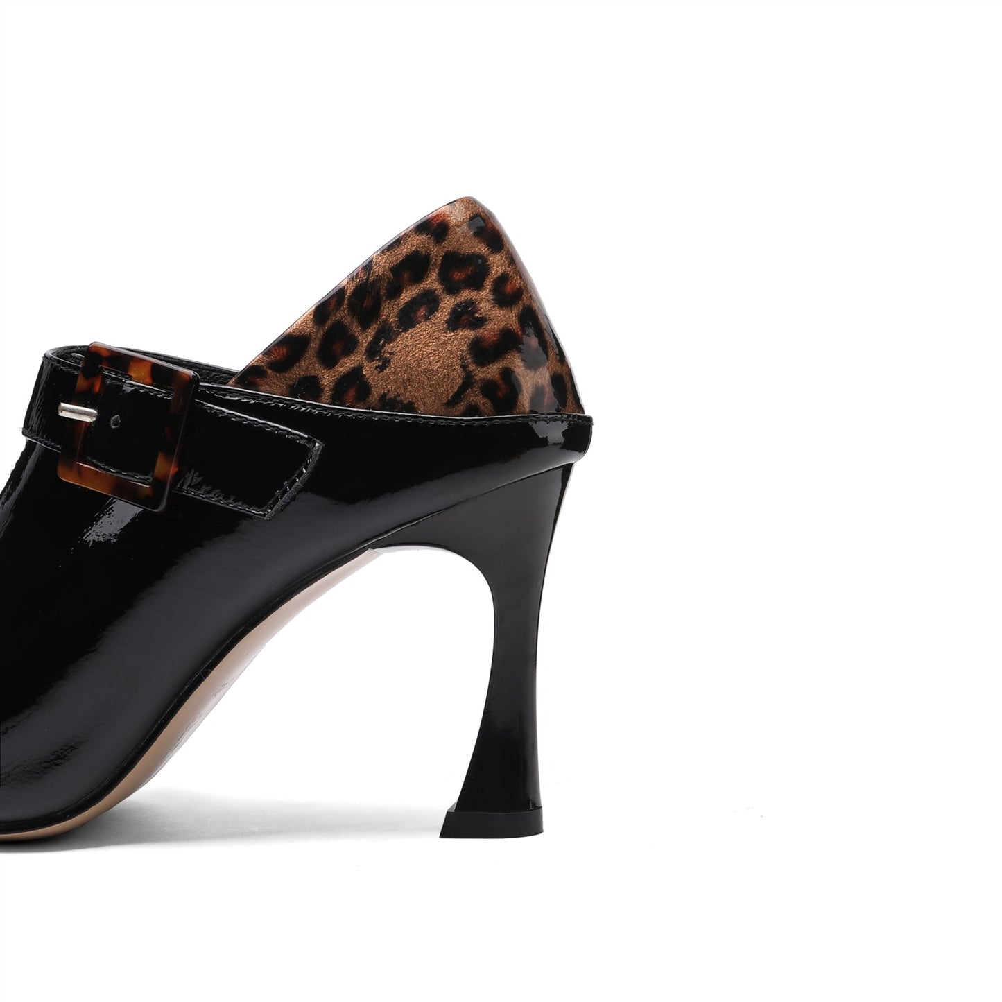 Nine Seven Women's Handmade Patent Leather Elegant Pointed Toe Buckled Mid Heel Pumps with Leopard Print