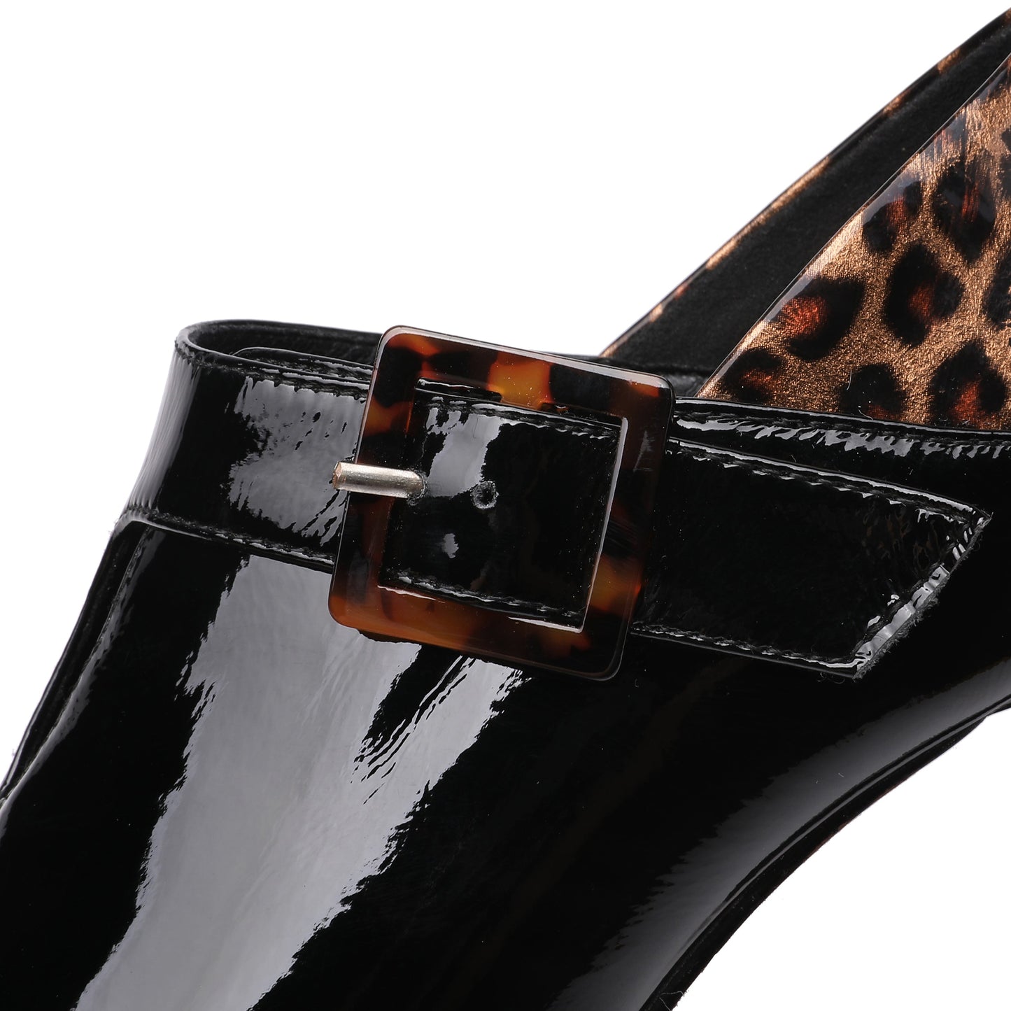 Nine Seven Women's Handmade Patent Leather Elegant Pointed Toe Buckled Mid Heel Pumps with Leopard Print