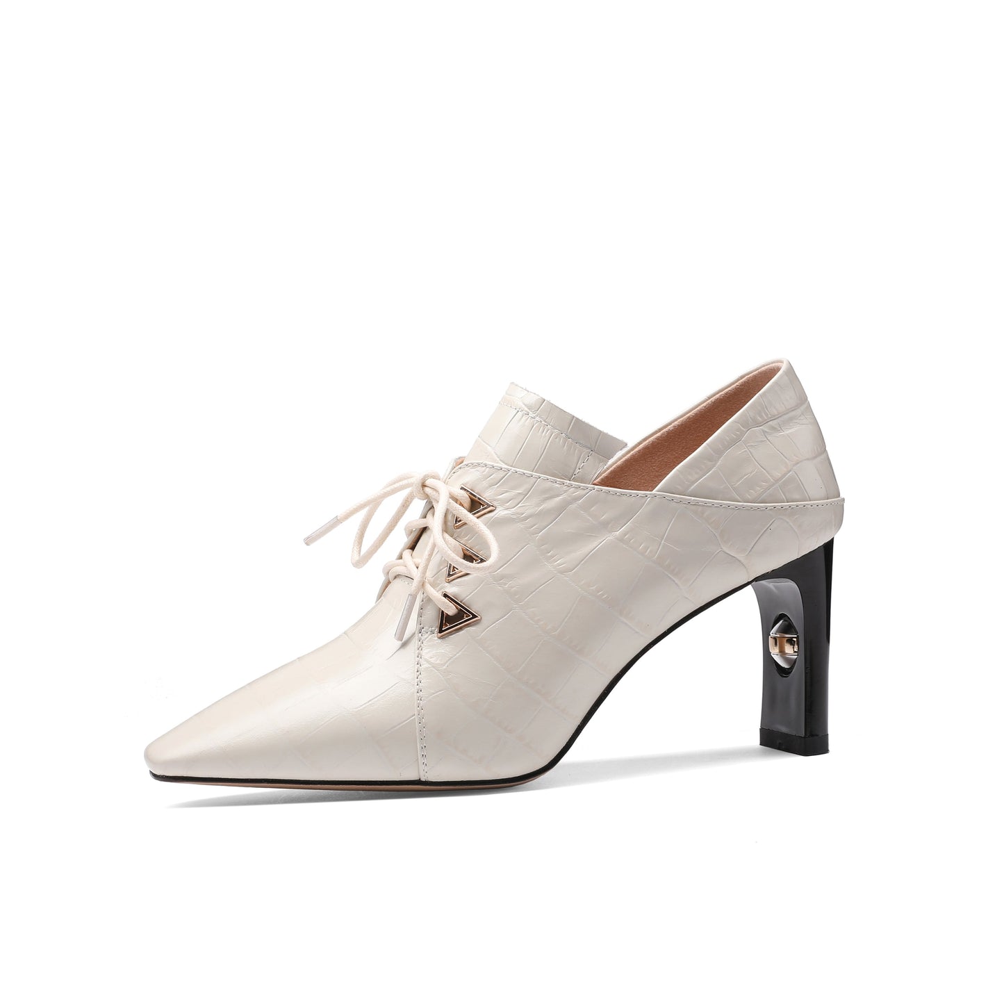 Nine Seven Women's Handmade Embossed Genuine Leather Square Toe Exquisite High Heel Lace Up Plus-Size Pump Shoes