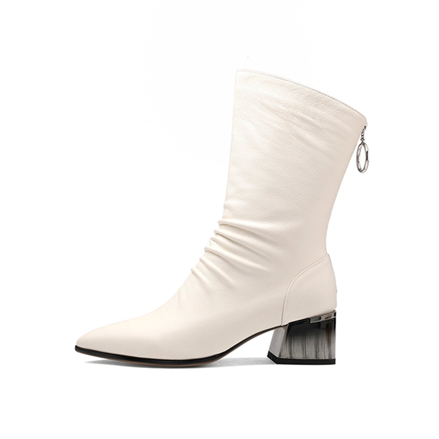 Nine Seven Women's Handmade Genuine Leather Pointed Toe Gradient Color Mid Block Heel Back Zip Up Trendy Ruffle Mid-Calf Boots