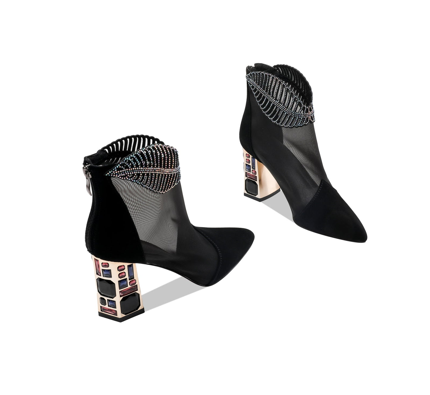 Nine Seven Women's Genuine/Suede Leather with Mesh Pointed Toe Handmade Jewel High Chunky Heel Chic Ankle Boots with Back Zipper