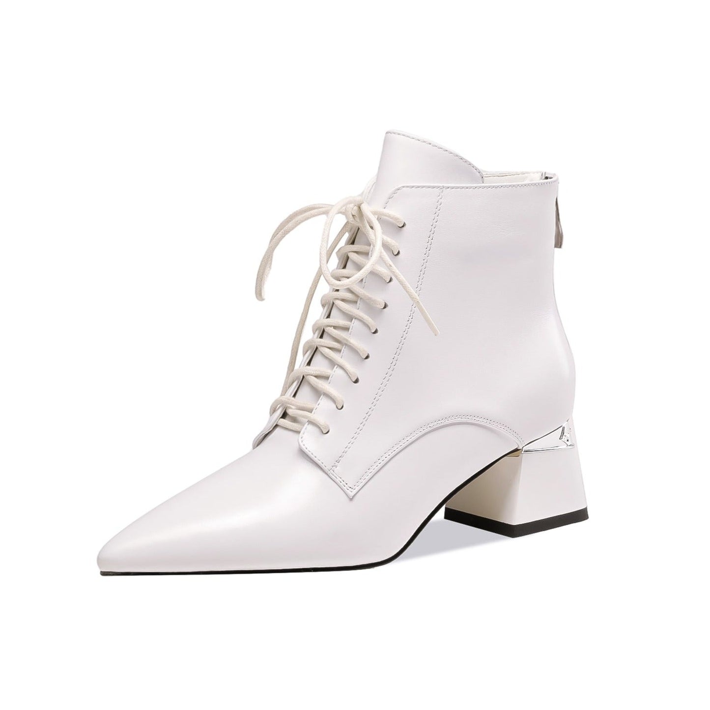 Nine Seven Women's Pointed Toe Genuine Leather Handmade Selftie Back Zipper Low Chunky Heels Casual Ankle Boots