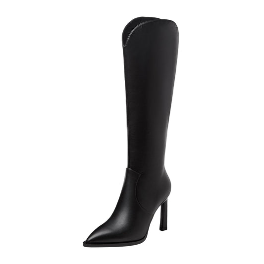 Nine Seven Women's Genuine Leather Pointed Toe Handmade Stiletto Heels Half Side Zipper Stylish Knee High Boots