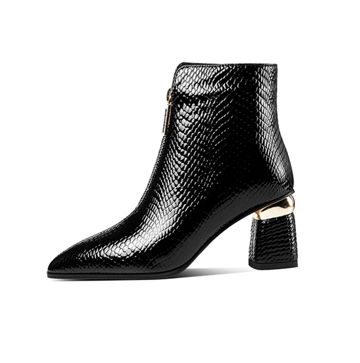 Nine Seven Patent Leather Women's Handmade Pointed Toe Chunky Heel Plus-Size Modern Front Zip Ankle Booties