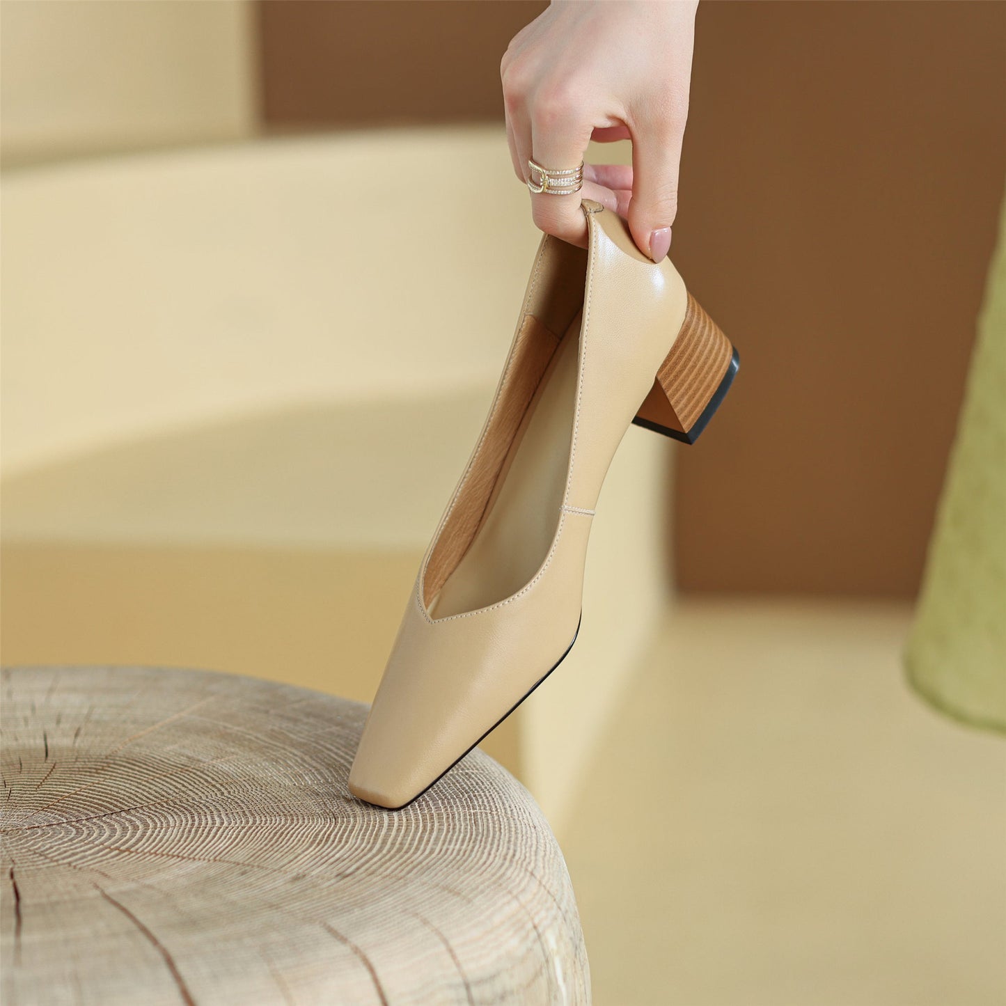 Nine Seven Women's Square Toe Genuine Leather Handamde Low Chunky Heel Casual Loafers