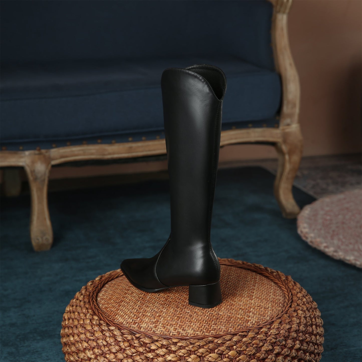 Nine Seven Women's Handmade Leather Comfortable Chunky Heel Side Half Zipper Round Toe Knee-High Boots