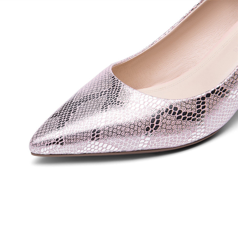 Nine Seven Women's Handmade Genuine Leather with Snakeskin Print Pointed Toe Mid Chunky Heel Pumps with Rhinestone