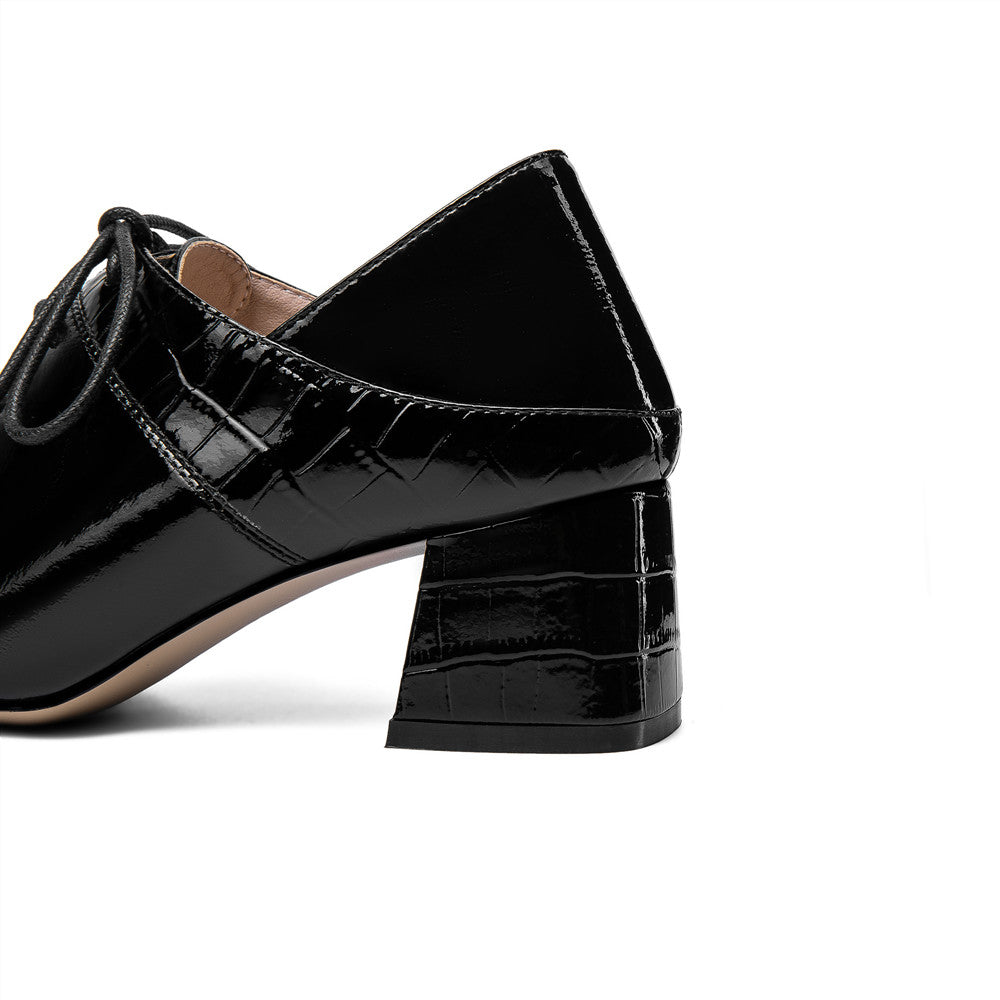 Nine Seven Women's Patent Leather Handmade Pointed toe Lace Up Comfort Low Chunky Heel Plus-size Pumps