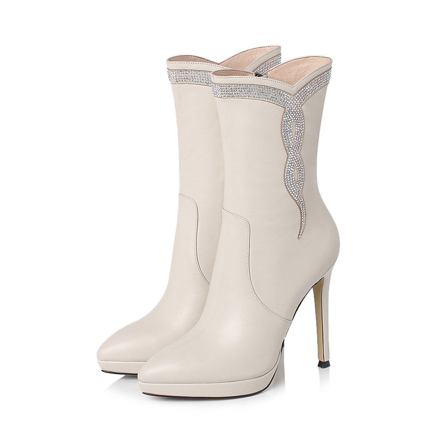 Nine Seven Women's Handmade Leather Glitter Pattern Decor Pointed Toe Spikes-Stiletto High Heel Platform Side Zip Up Sexy Mid-Calf Boots