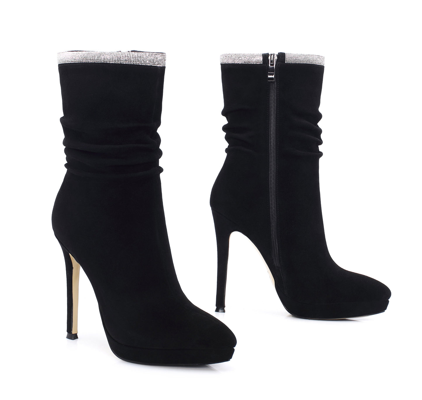 Nine Seven Women's Handmade Leather Spikes-Stiletto High Heel Platform Pointed Toe Side Zip Up Glitter Mid-Calf Boots