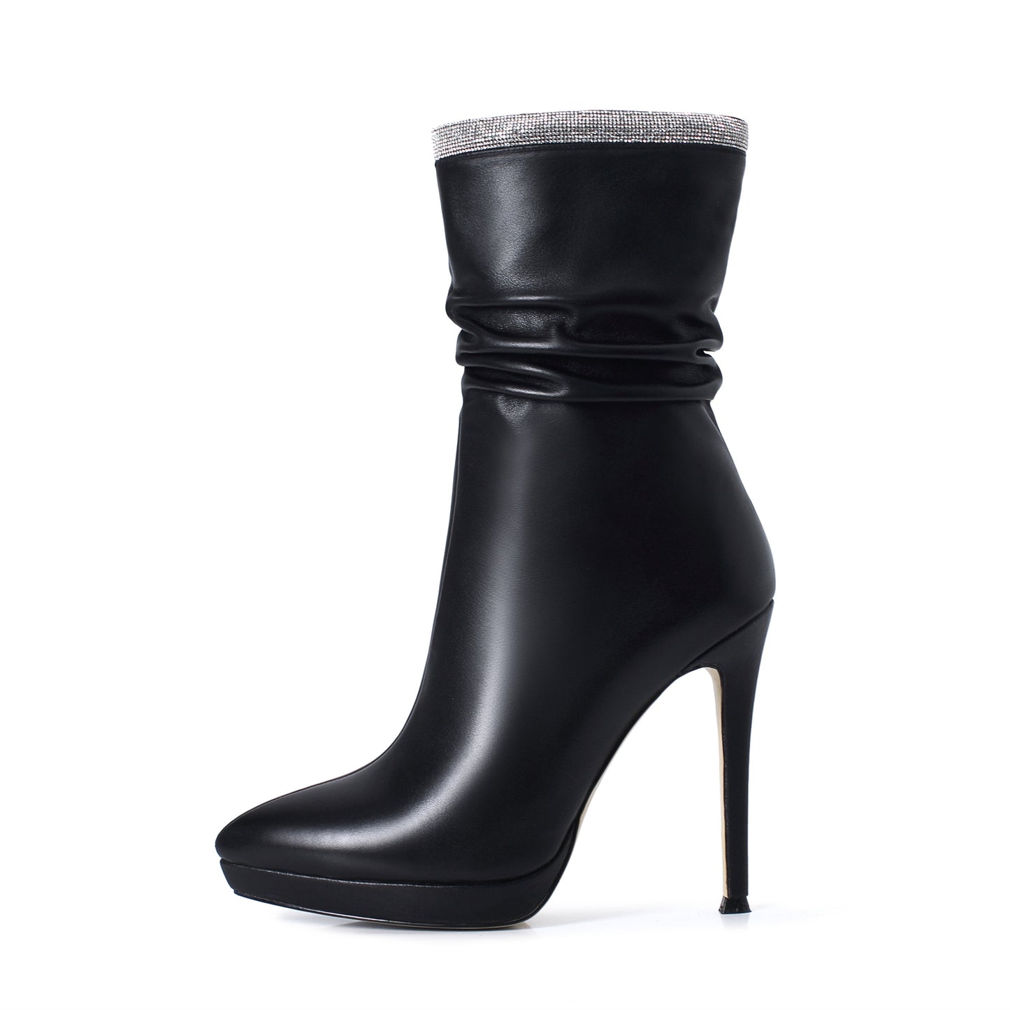 Nine Seven Women's Handmade Leather Spikes-Stiletto High Heel Platform Pointed Toe Side Zip Up Glitter Mid-Calf Boots