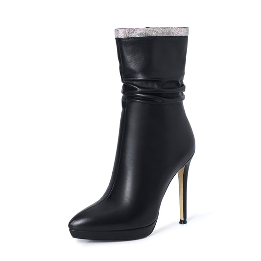 Nine Seven Women's Handmade Leather Spikes-Stiletto High Heel Platform Pointed Toe Side Zip Up Glitter Mid-Calf Boots