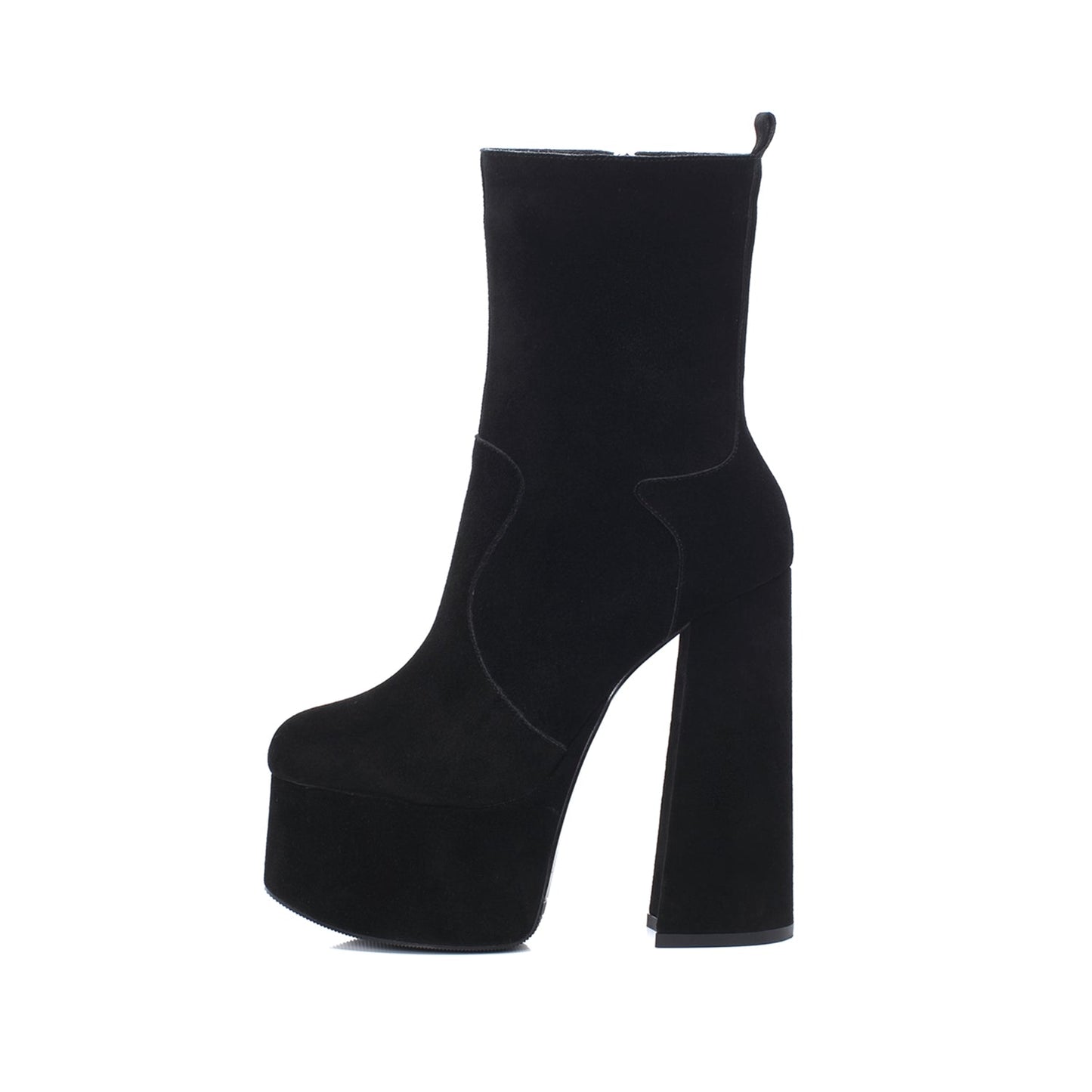 Nine Seven Women's Handmade Genuine/Suede Leather Round Toe Supper High Chunky Heel Side Zip Up Stylish Black Calf High Boots with Platform