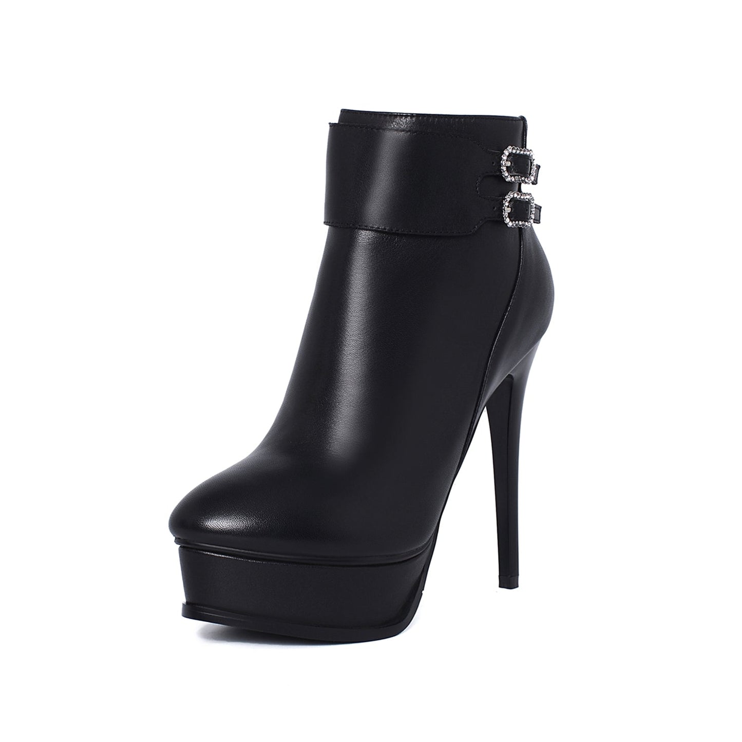 Nine Seven Women's Leather Handmade Spikes-Stiletto Heel Side Zip Up Platform Pointed Toe Ankle Boots with Buckles Decor