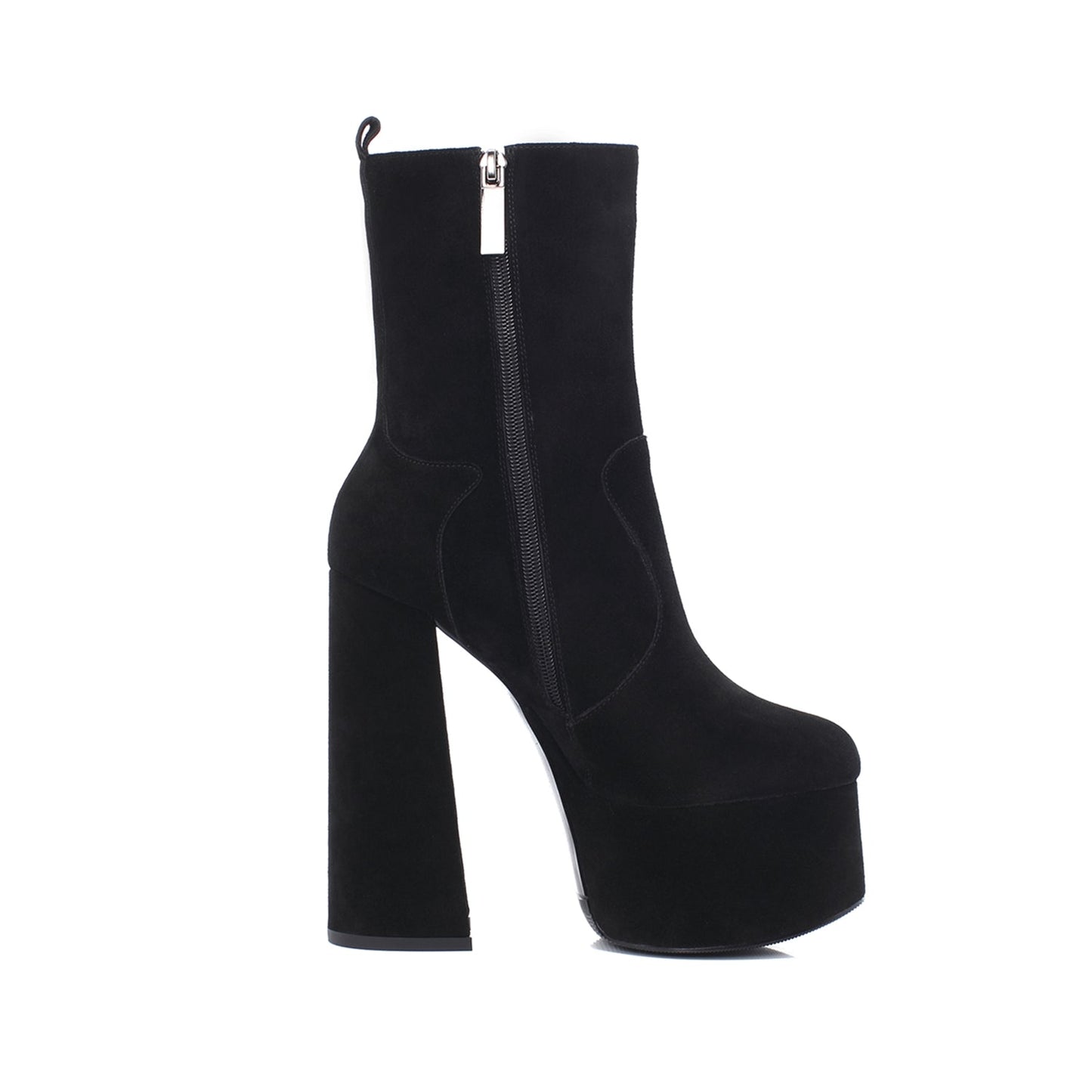 Nine Seven Women's Handmade Genuine/Suede Leather Round Toe Supper High Chunky Heel Side Zip Up Stylish Black Calf High Boots with Platform