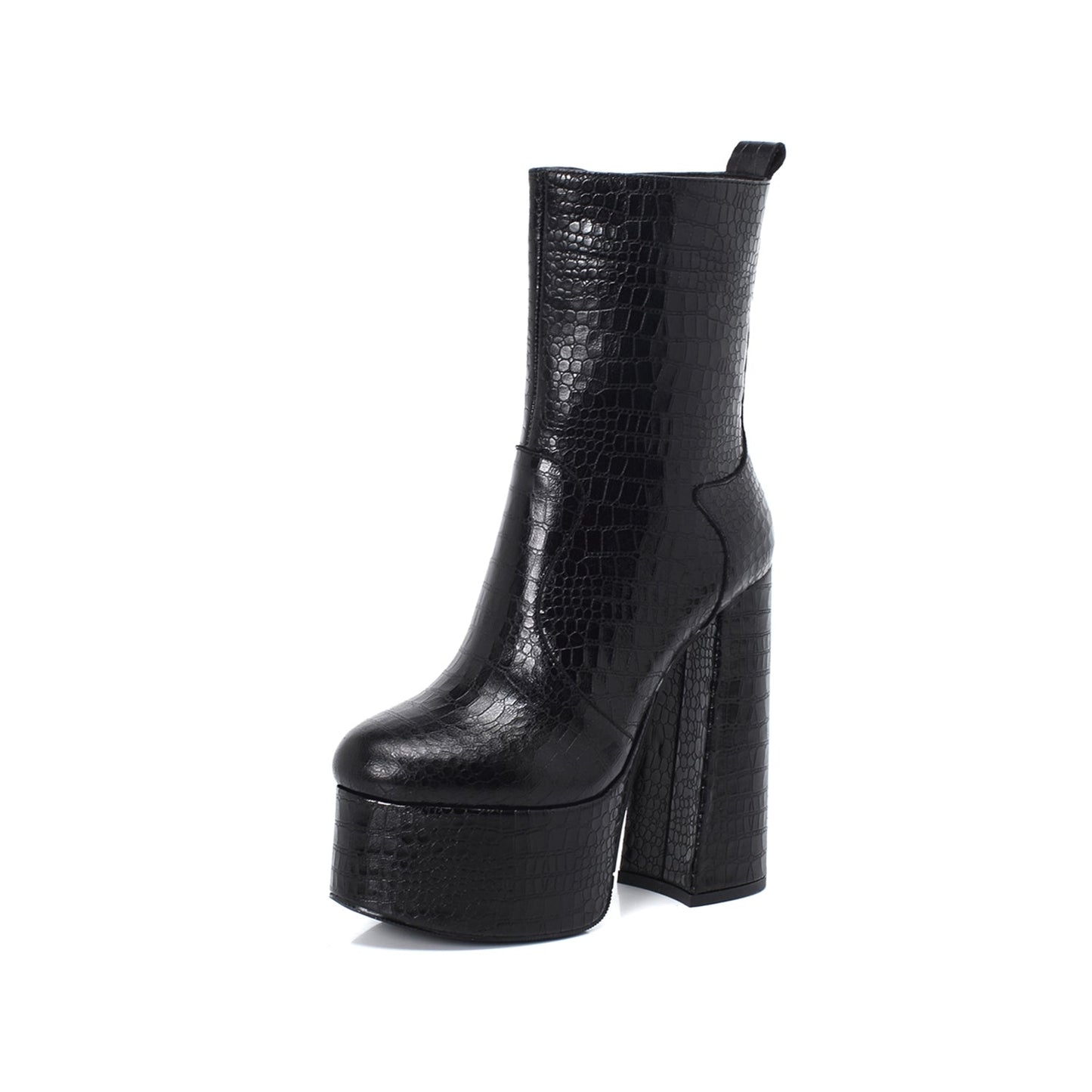 Nine Seven Women's Handmade Genuine/Suede Leather Round Toe Supper High Chunky Heel Side Zip Up Stylish Black Calf High Boots with Platform