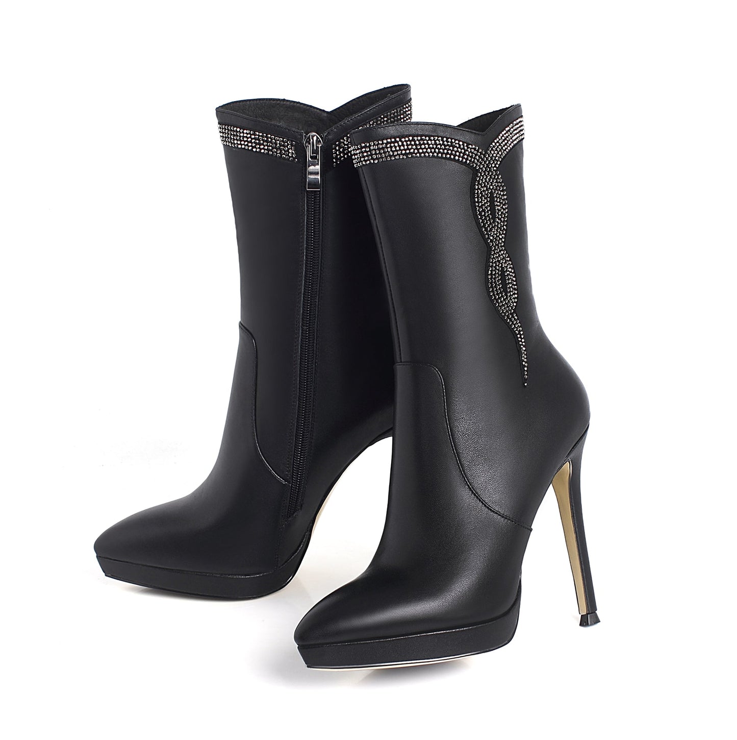 Nine Seven Women's Handmade Leather Glitter Pattern Decor Pointed Toe Spikes-Stiletto High Heel Platform Side Zip Up Sexy Mid-Calf Boots