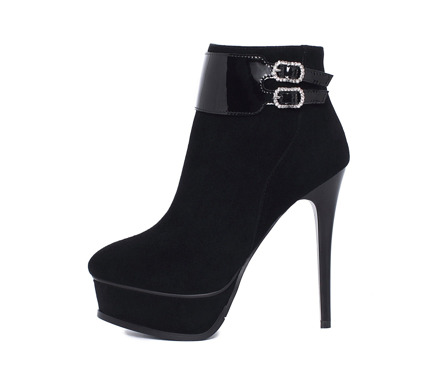 Nine Seven Women's Leather Handmade Spikes-Stiletto Heel Side Zip Up Platform Pointed Toe Ankle Boots with Buckles Decor