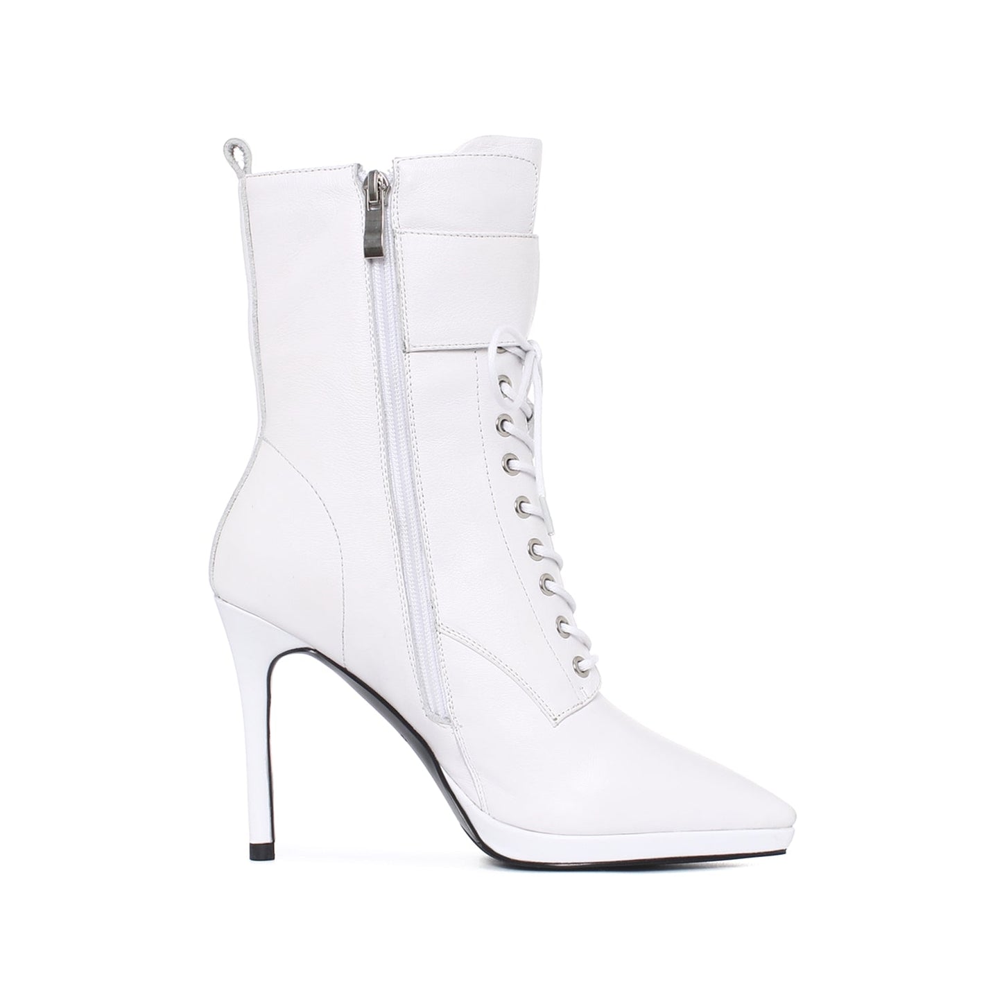 Nine SevenWomen's Genuine Leather Handmade Comfortable Stiletto High Heel Pointed Toe Zip Up Mid-Calf Boots with Buckle and Band