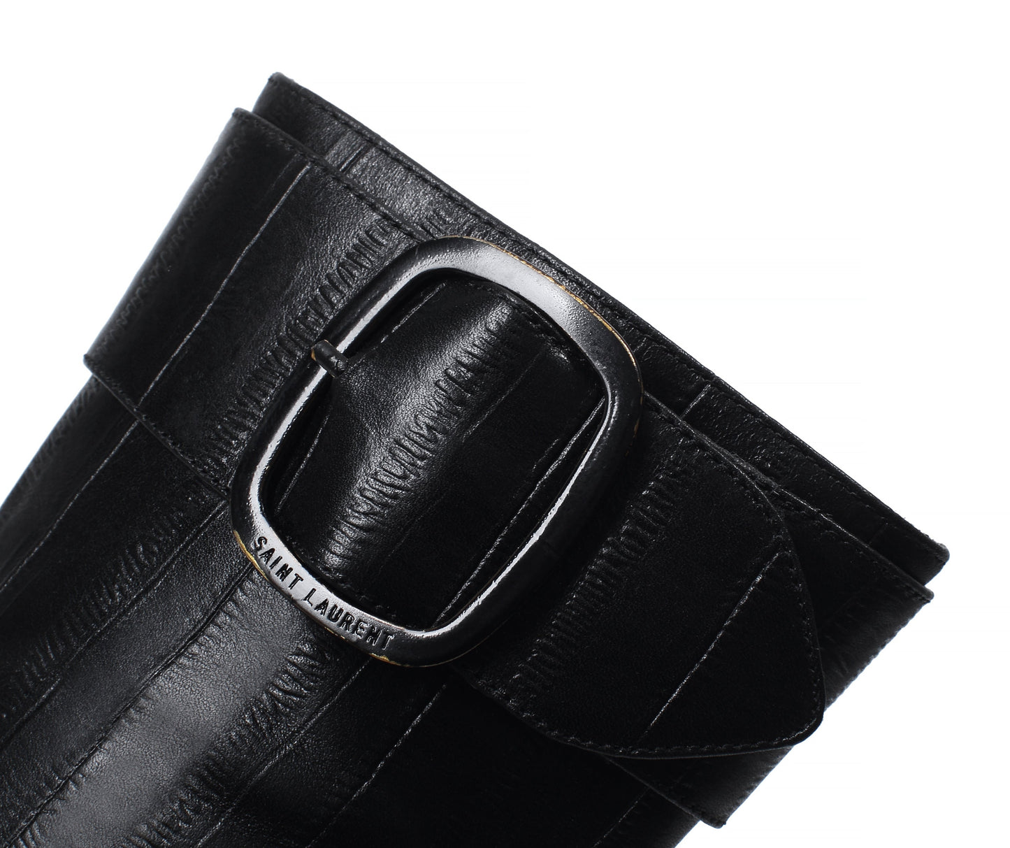 Nine Seven Women's Handmade Genuine Leather Round Toe Side Zip Up Sexy Supper High Chunky Heel Cool Buckle Black Calf High Boots with Platform