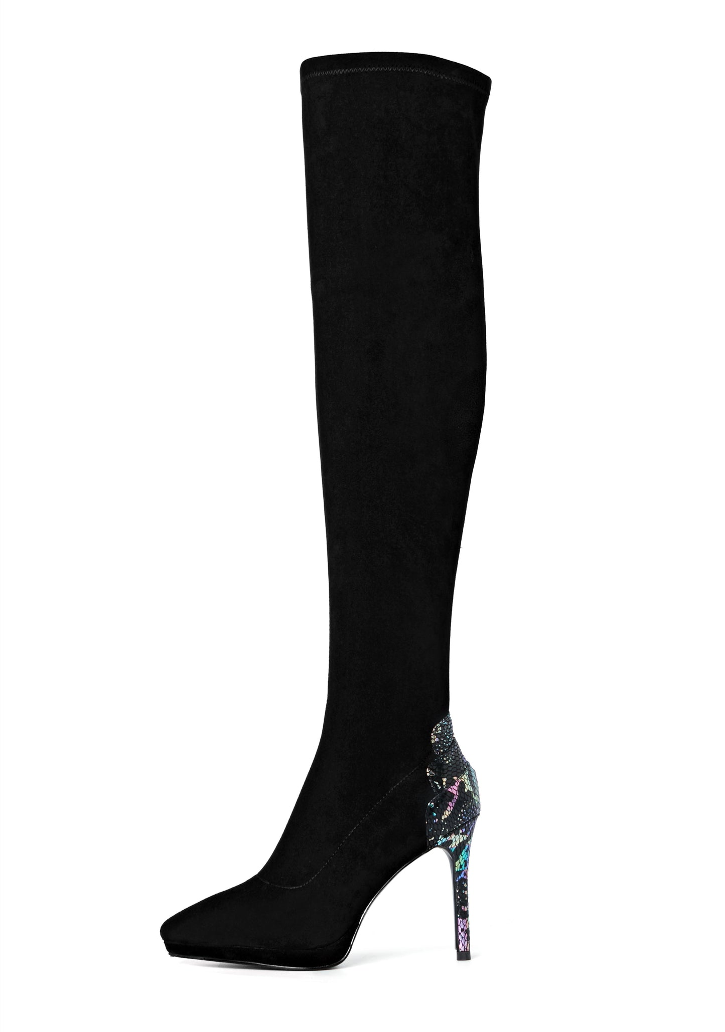 Nine Seven Women's Handmade Suede Leather Pointed Toe Sexy Stiletto High Heel Stretch Half Zip Black Over the Knee High Boots with Colorful Sequin