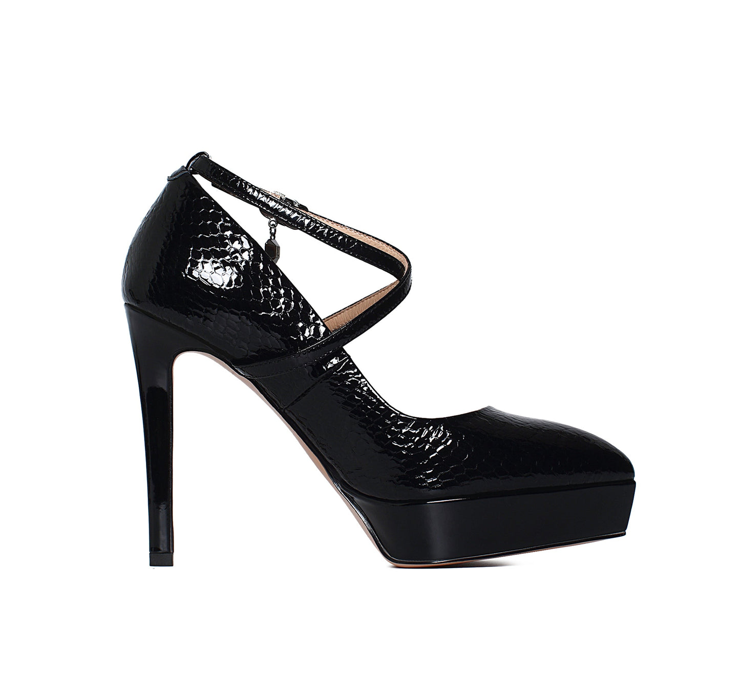 Nine Seven Women's Handmade Genuine Leather High Stiletto Heel Platform Clear Pointed Toe Strap Buckle Pumps with Pendant