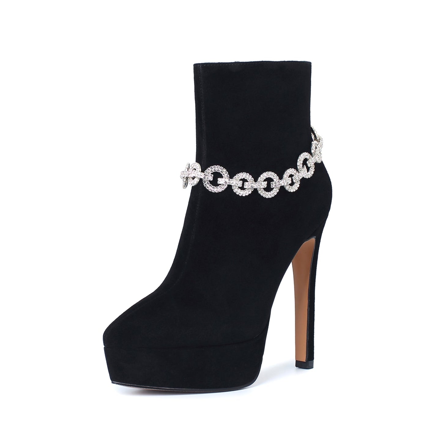 Nine Seven Suede Leather Handmade Women's Sexy Stiletto Heel Side Zip Up Platform Glitter Rhinestones Decor Sexy Ankle Booties