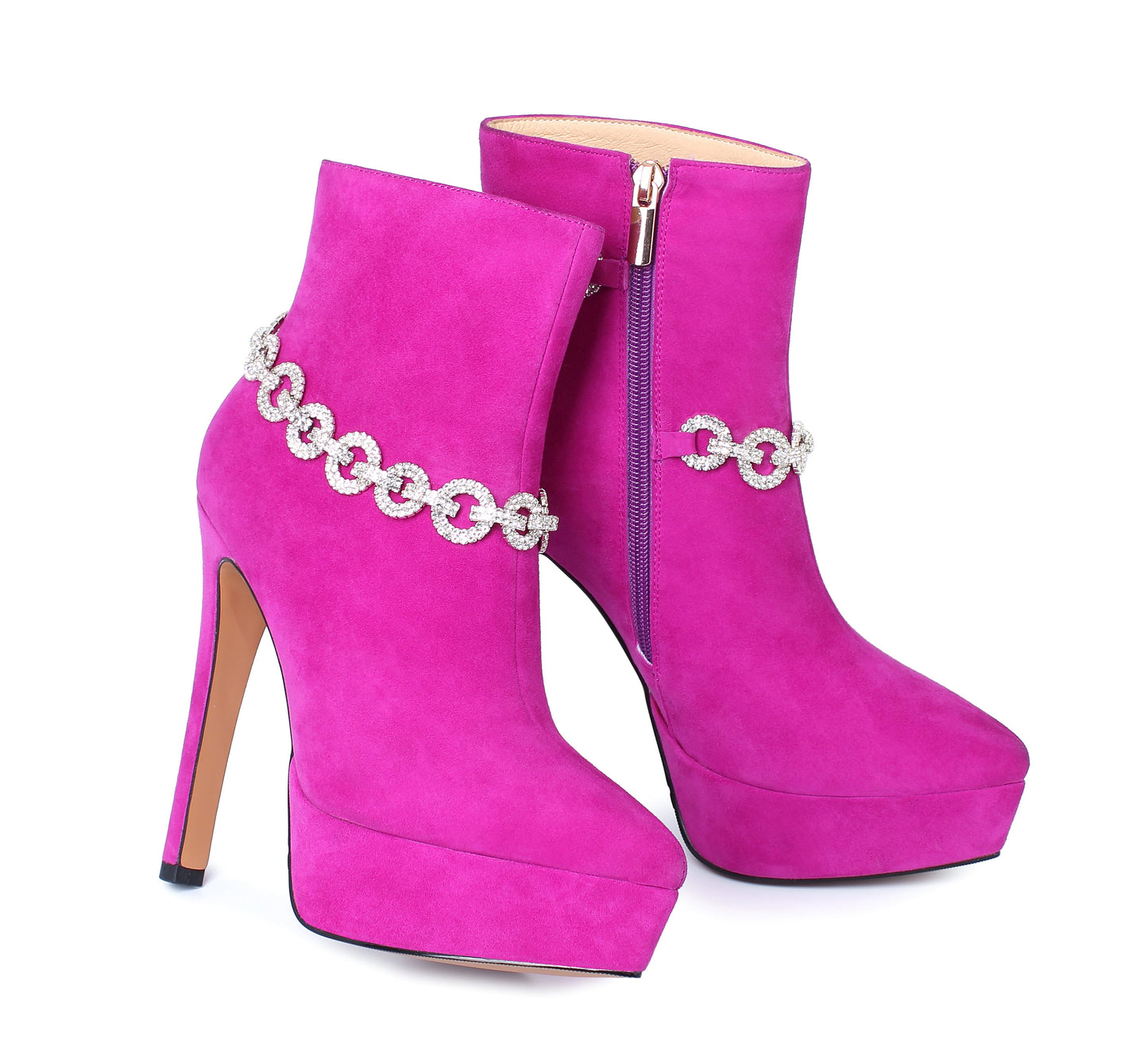 Nine Seven Suede Leather Handmade Women's Sexy Stiletto Heel Side Zip Up Platform Glitter Rhinestones Decor Sexy Ankle Booties