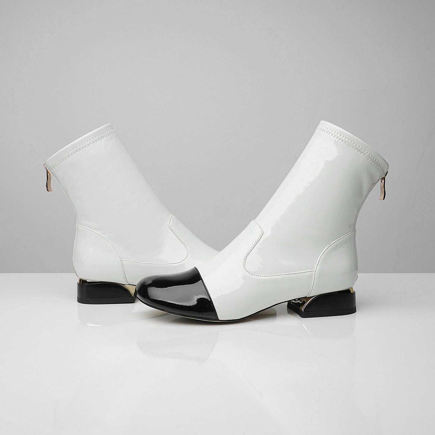 Nine Seven Women's Handmade Patent Leather Round Toe Comfort Flat Stylish Back Zipper Ankle Boots