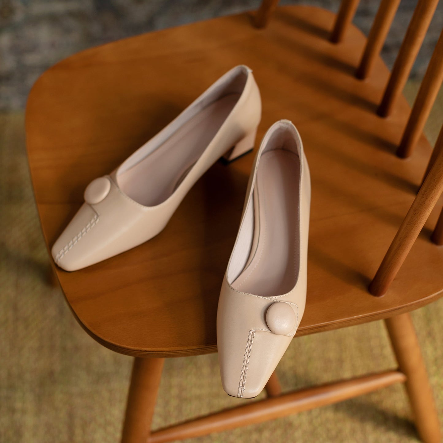 Nine Seven Genuine Leather Women's Handmade Square Toe Low Heel Button Graceful Pump Shoes