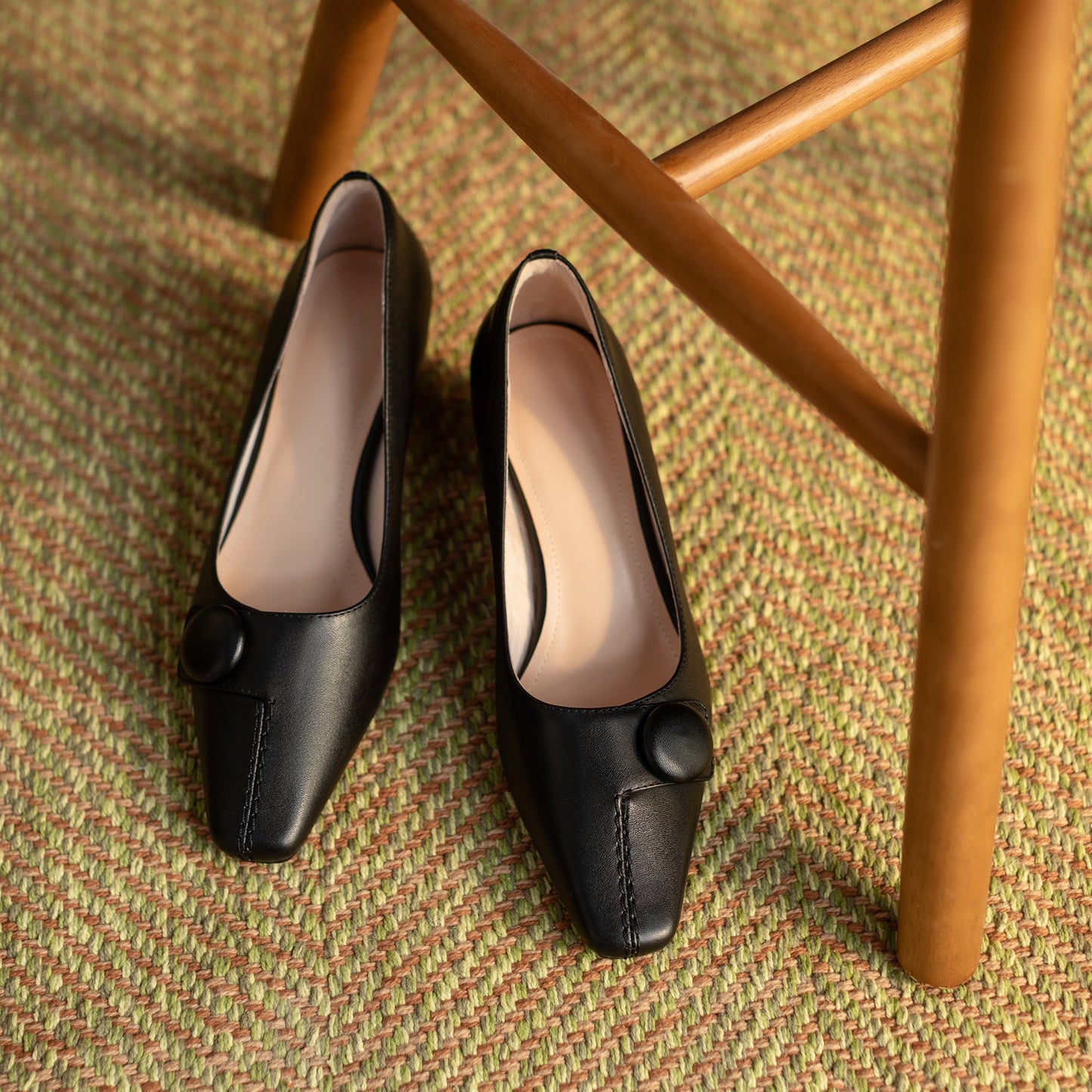 Nine Seven Genuine Leather Women's Handmade Square Toe Low Heel Button Graceful Pump Shoes