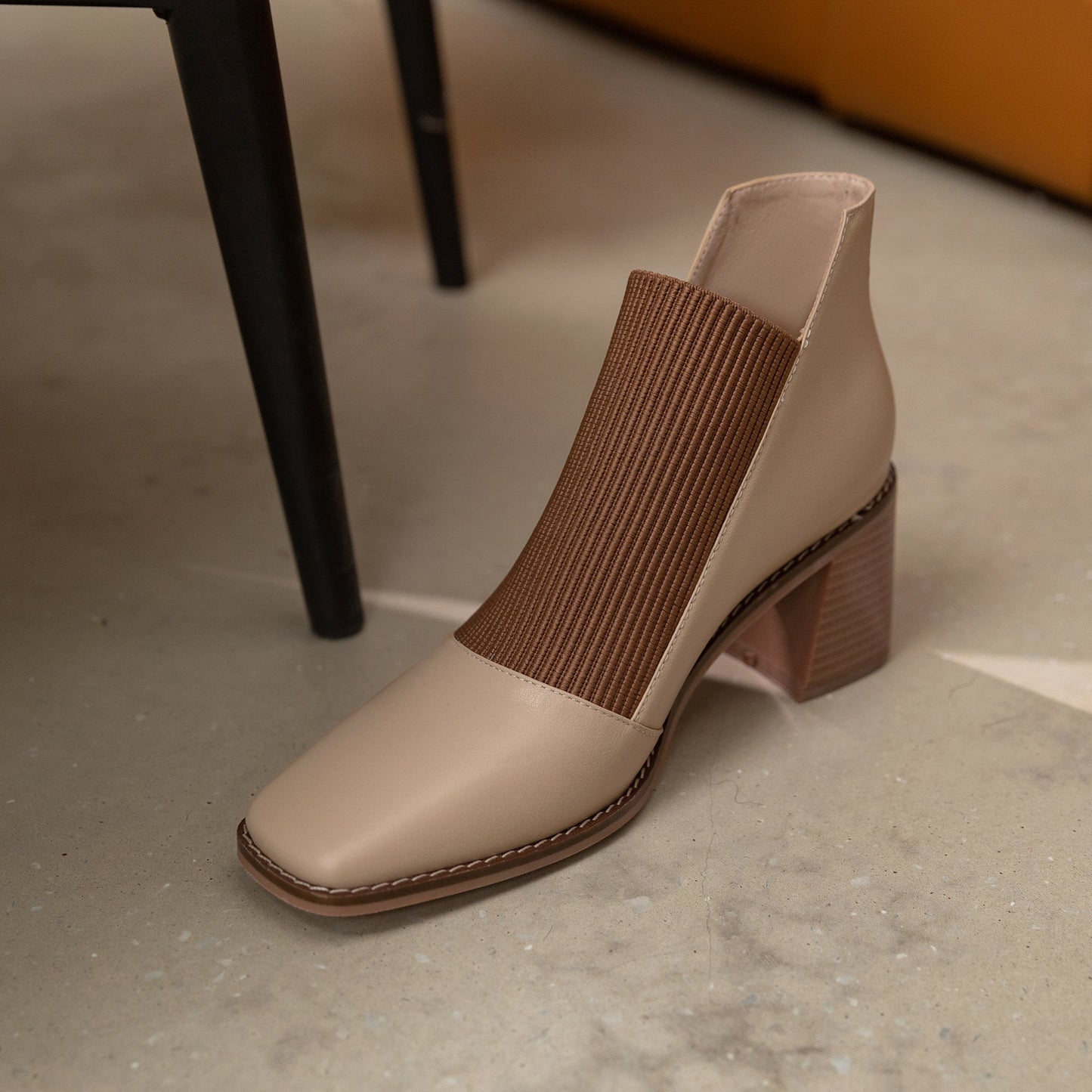 Nine Seven Women's Genuine Leather with Elastic Handmade Square Toe Mid Chunky Heels Casual Ankle Boots