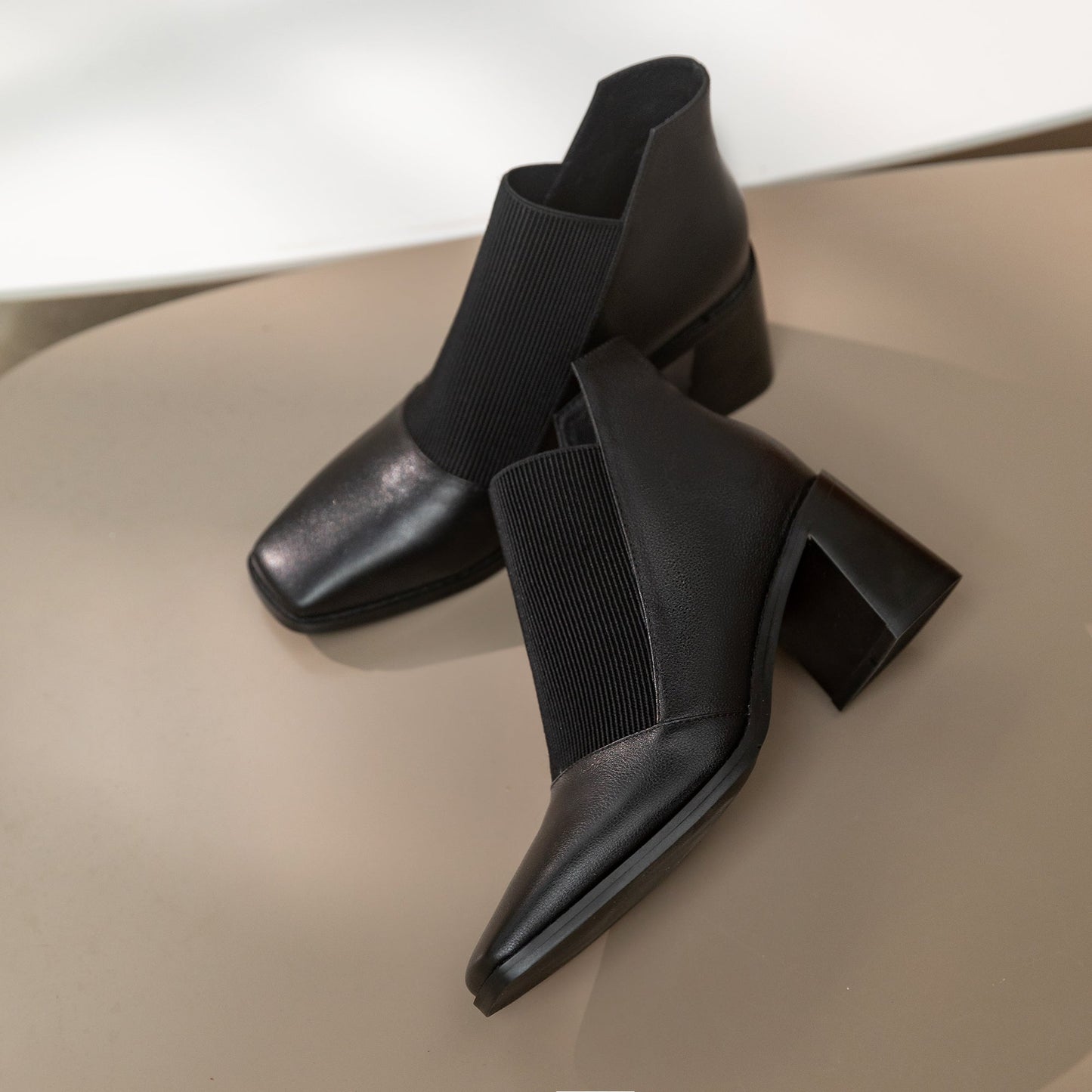 Nine Seven Women's Genuine Leather with Elastic Handmade Square Toe Mid Chunky Heels Casual Ankle Boots