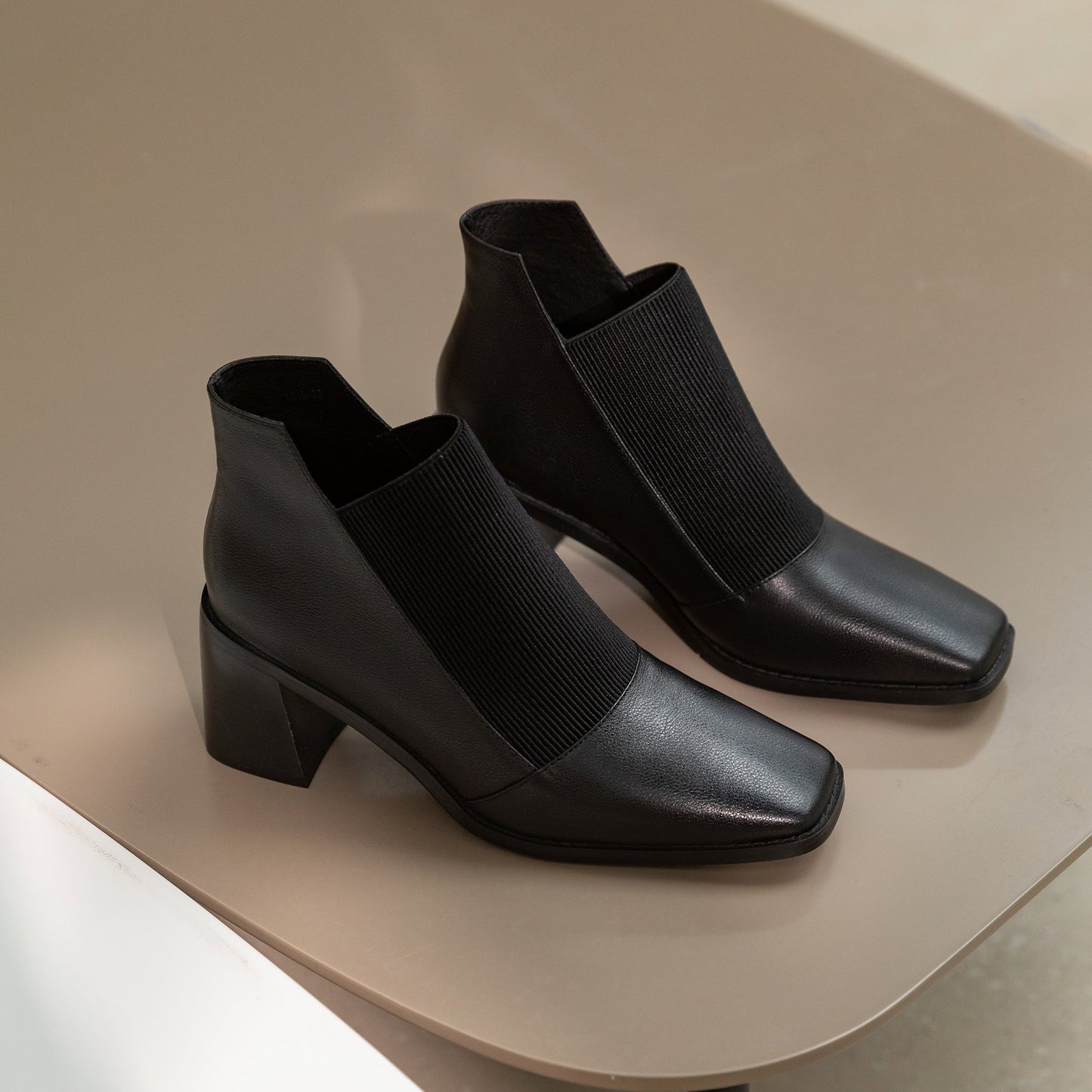 Nine Seven Women's Genuine Leather with Elastic Handmade Square Toe Mid Chunky Heels Casual Ankle Boots