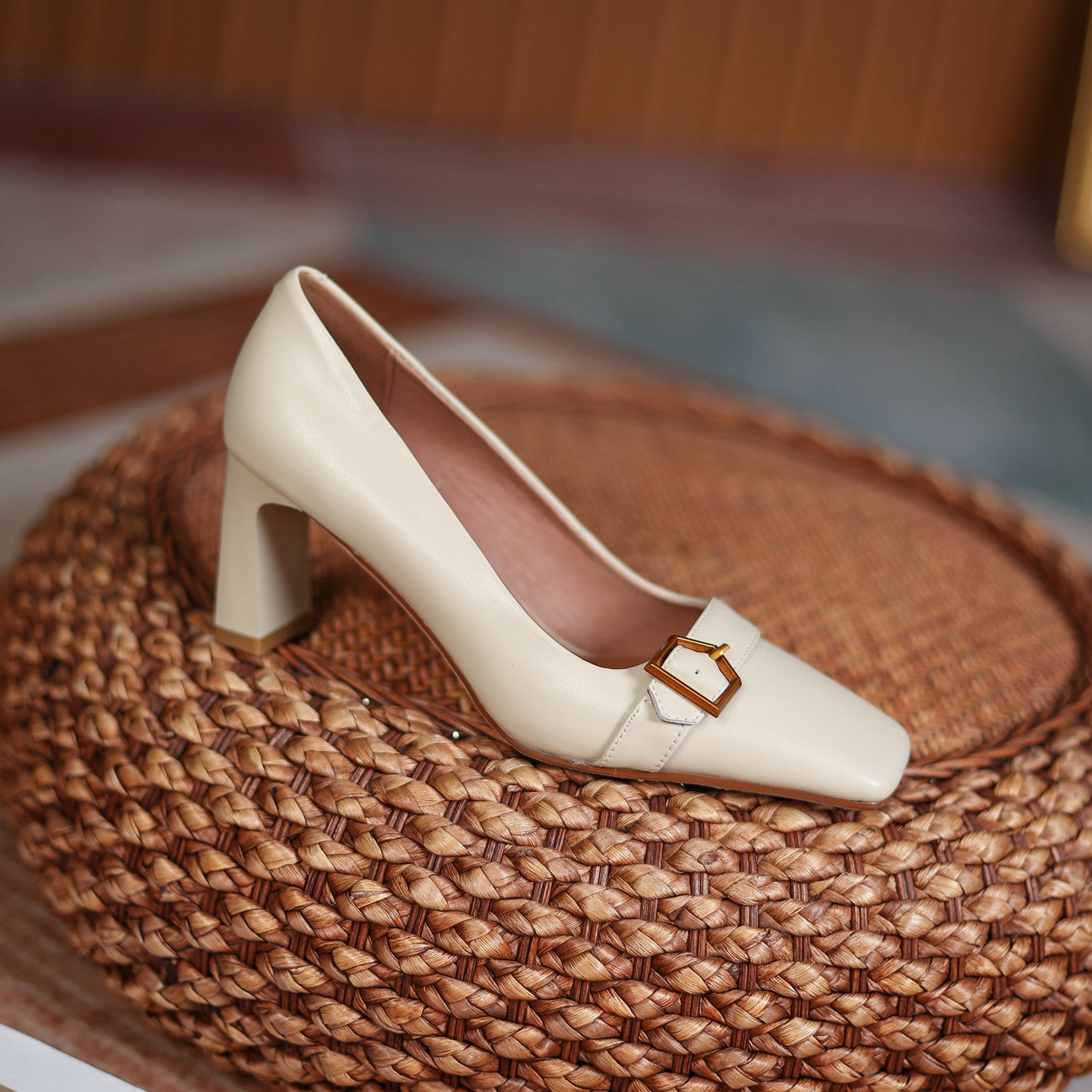 Nine Seven Women's Genuine Leather Square Toe Handmade Mid Chunky Heel Vintage Dress Pumps with Buckle