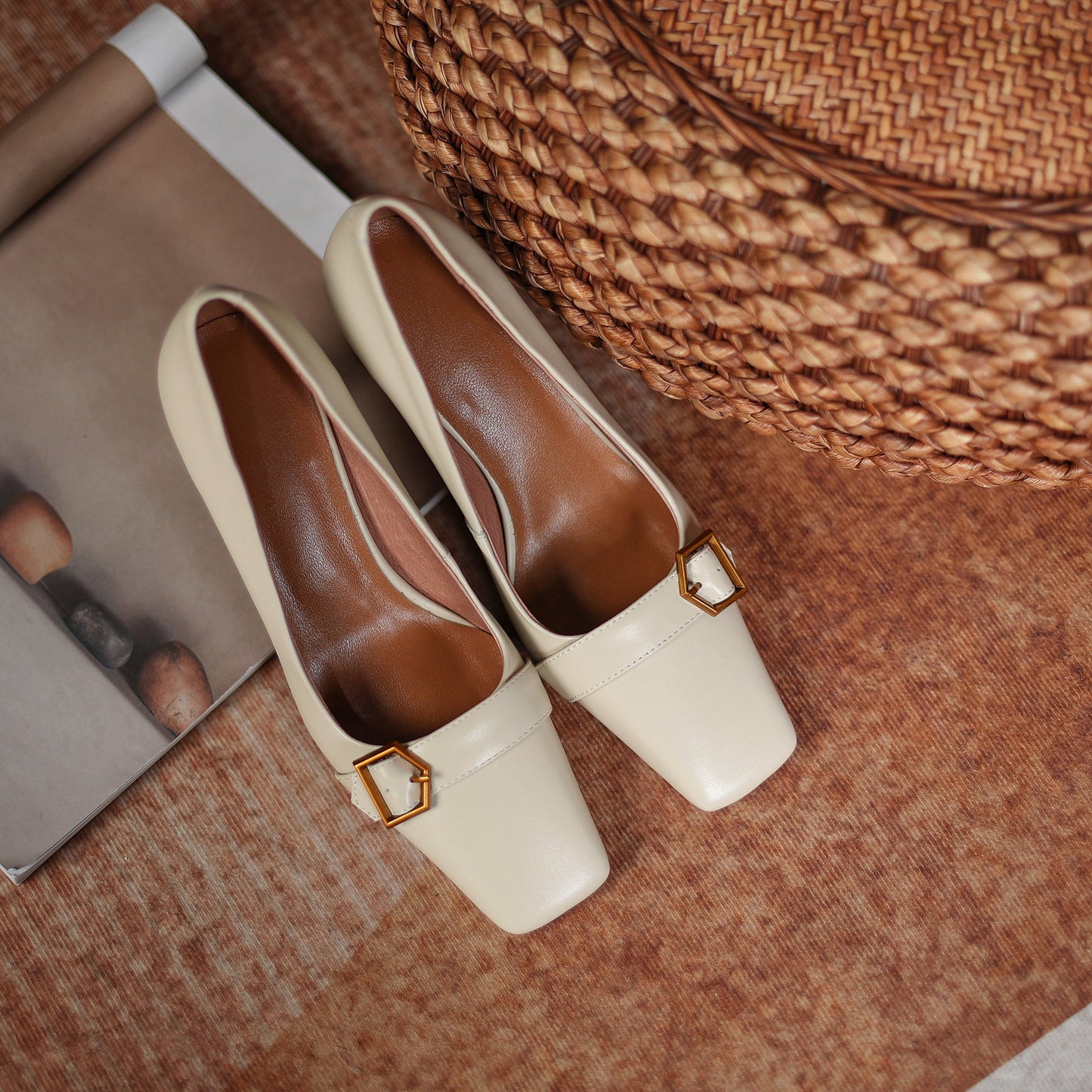 Nine Seven Women's Genuine Leather Square Toe Handmade Mid Chunky Heel Vintage Dress Pumps with Buckle