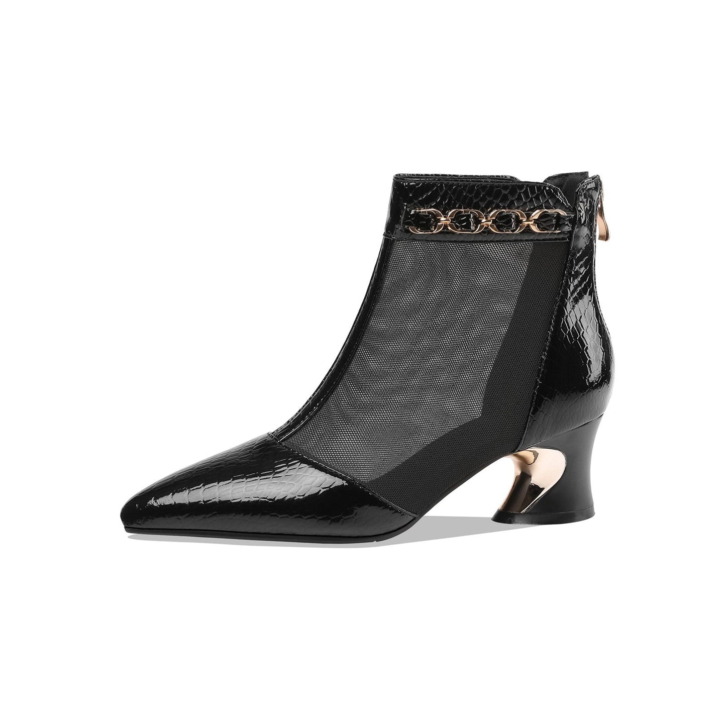 Nine Seven Genuine Leather and Mesh Women's Handmade Back Zip Pointed Toe Summer Ankle Boots