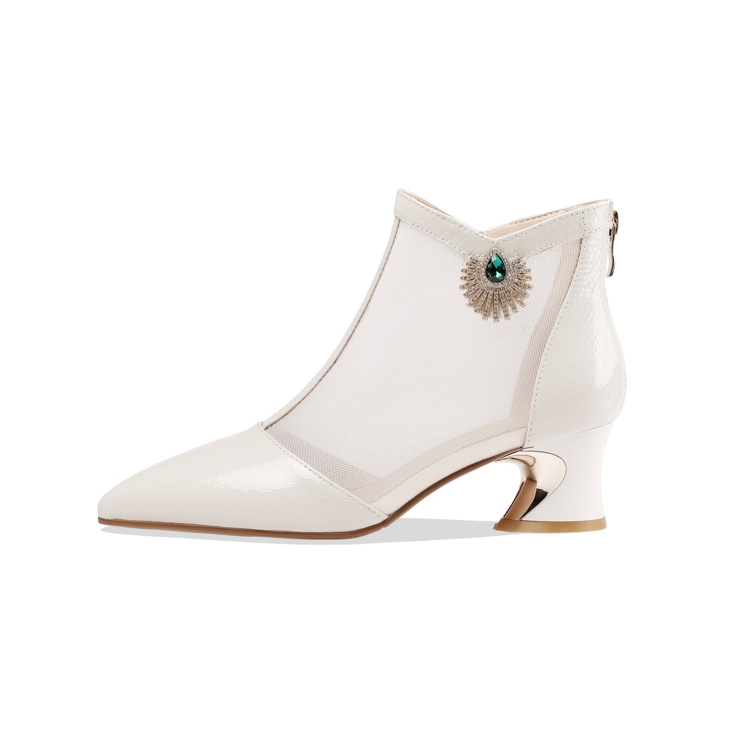 Nine Seven Women's Leather and Mesh Handmade Comfortable Spool Heel Back Zipper Pointy Toe Ankle Boots with Rhinestone and Crystal