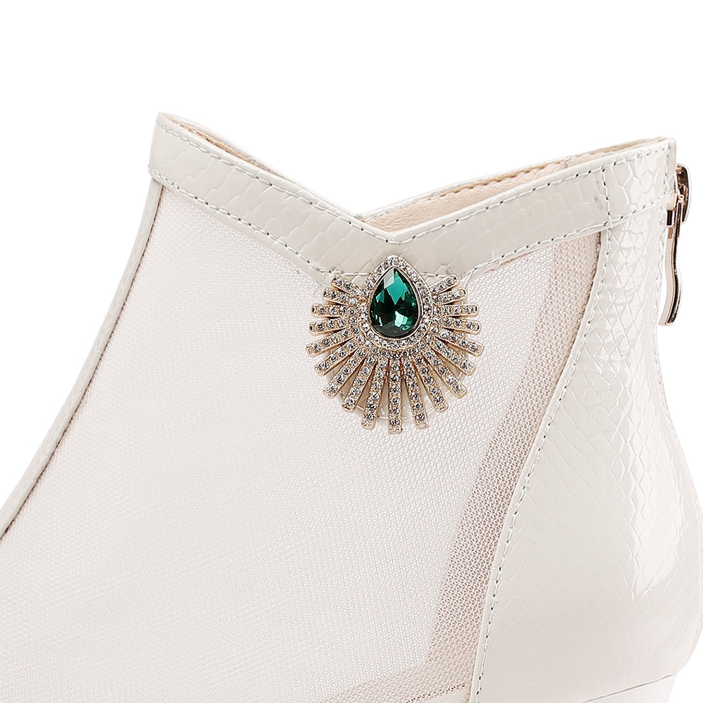 Nine Seven Women's Leather and Mesh Handmade Comfortable Spool Heel Back Zipper Pointy Toe Ankle Boots with Rhinestone and Crystal