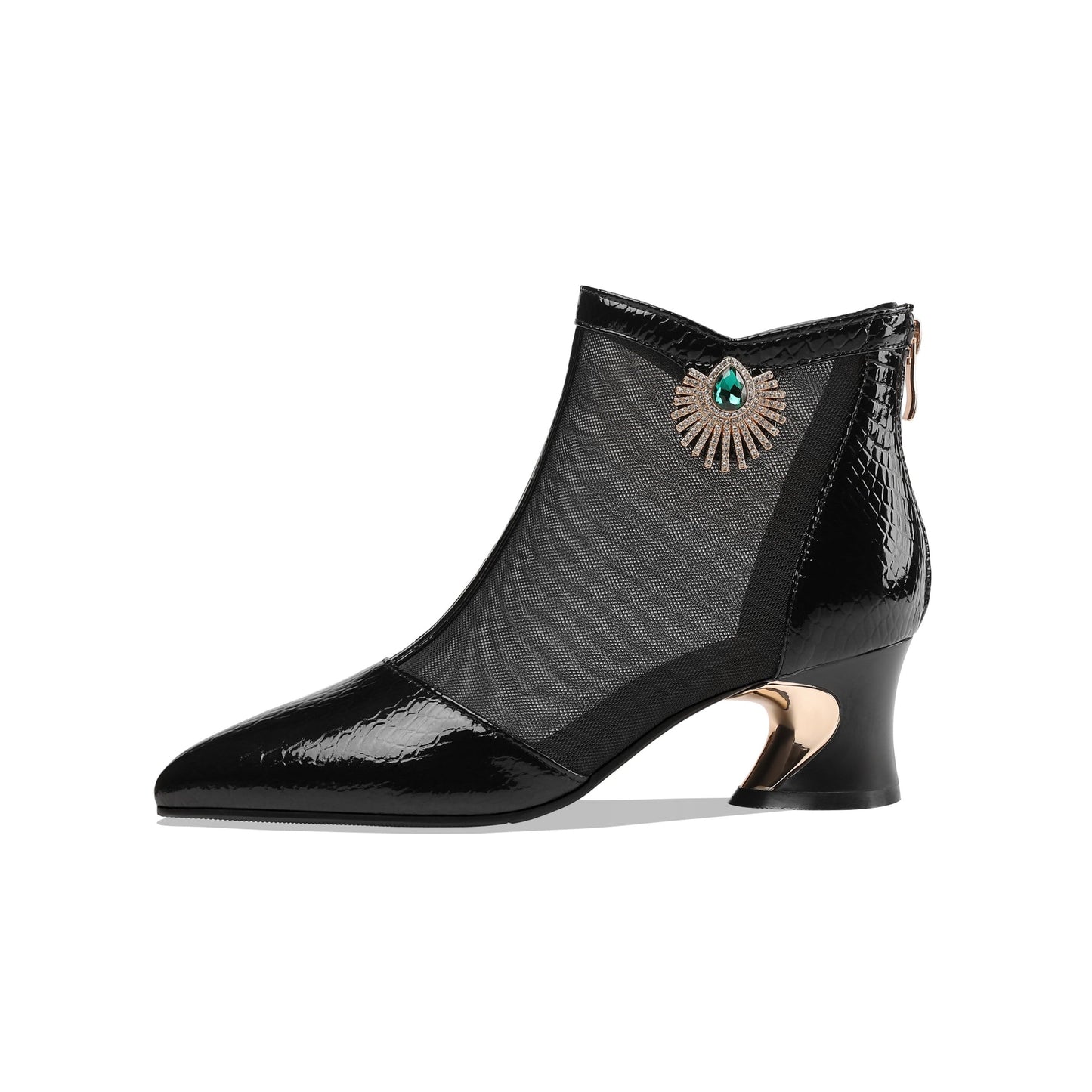 Nine Seven Women's Leather and Mesh Handmade Comfortable Spool Heel Back Zipper Pointy Toe Ankle Boots with Rhinestone and Crystal