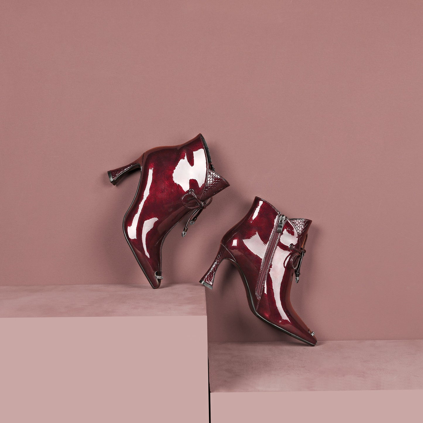 Nine Seven Women's Patent Leather Stylish Pointed-Toe Zip Up Stiletto High Heel Handmade Ankle Boots with Bowknot