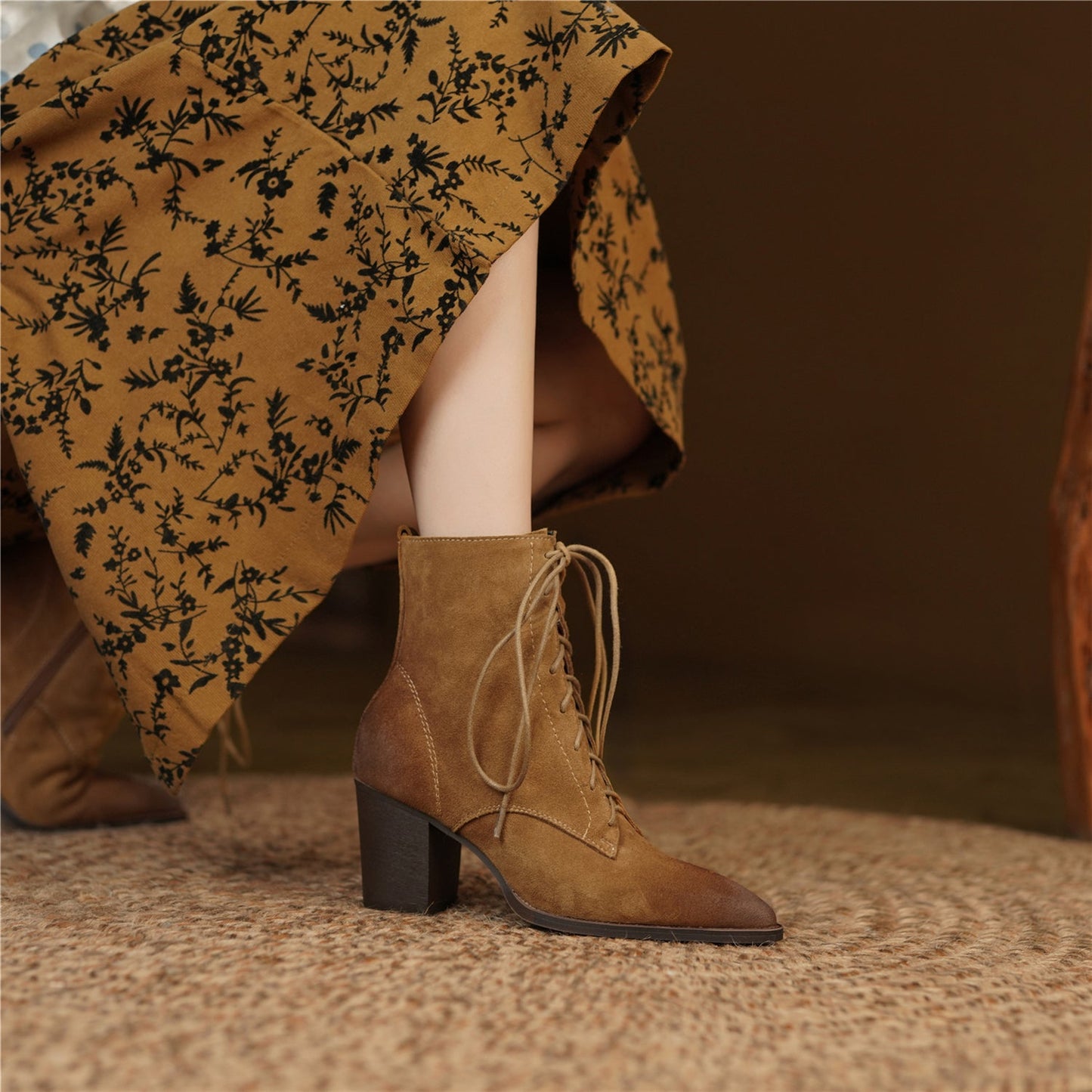 Nine Seven Handmade Women's Suede Leather Lace Up Pointed Toe Mid Chunky Heel Combat Boots Boots