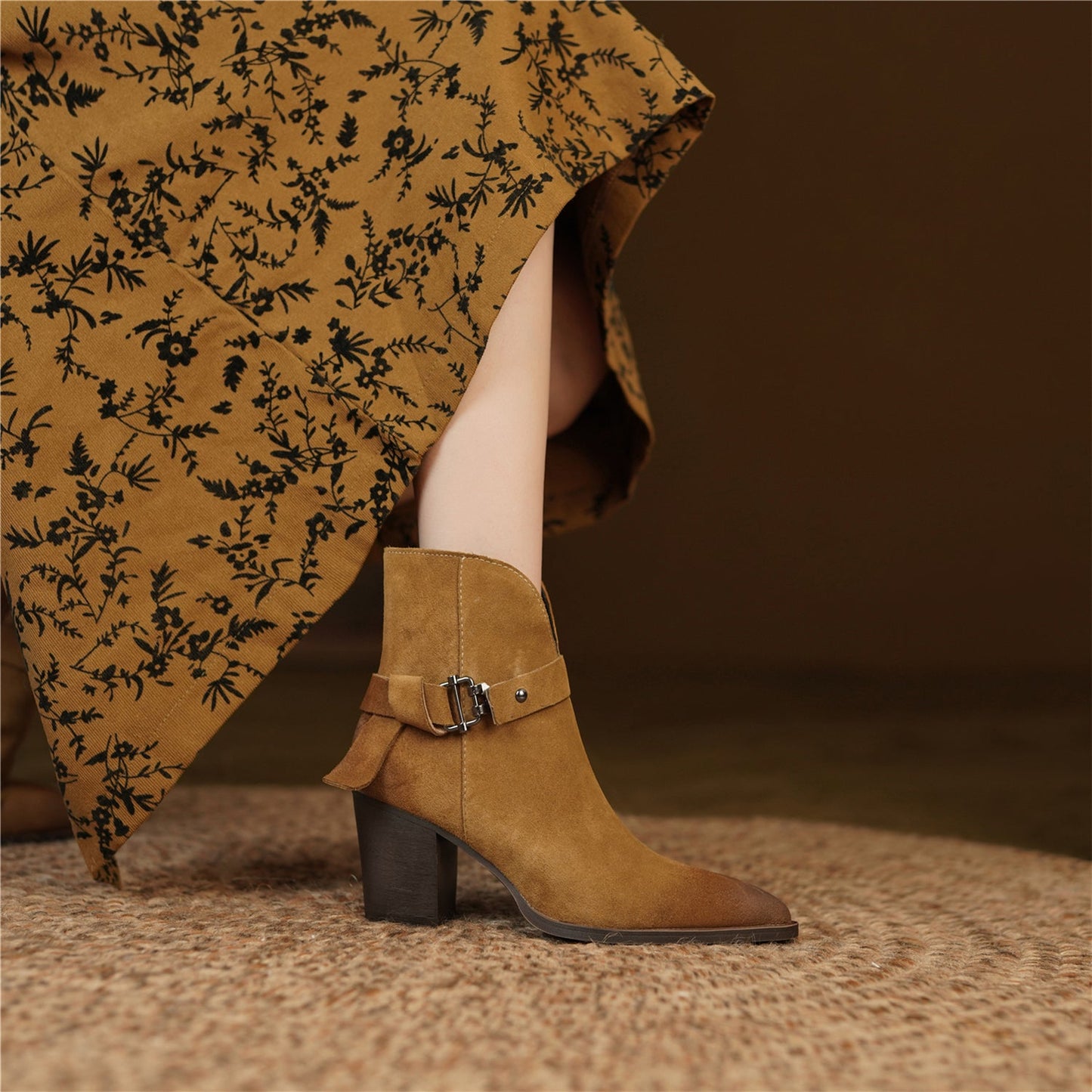 Nine Seven Handmade Women's Suede Leather Metal Buckle Pointed Toe Mid Chunky Heel Side Zipper Ankle Boots