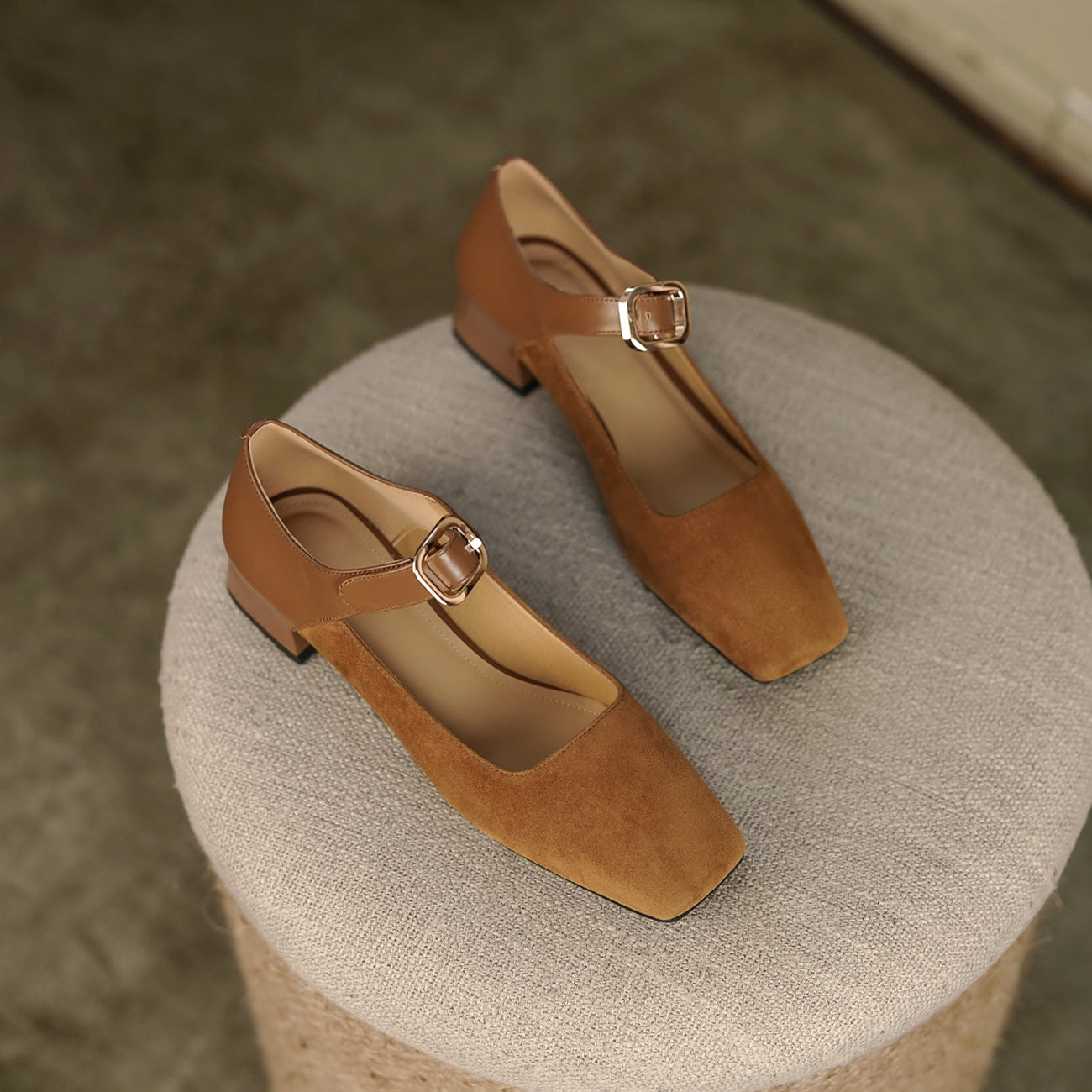 Nine Seven Women's Square Toe Genuine & Suede Leather Handmade Buckle Belt Low Chunky Heels Vintage Pumps Shoes