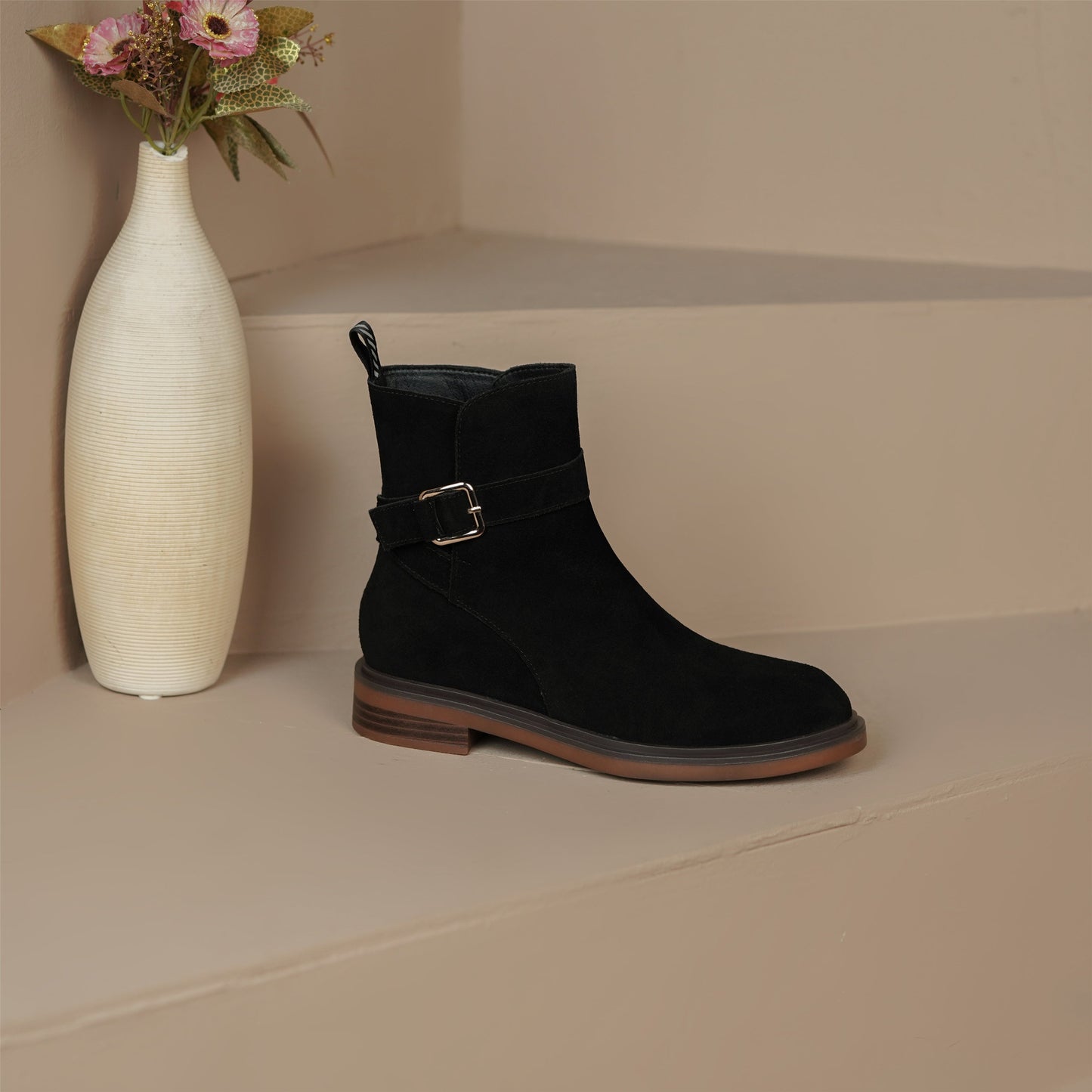 Nine Seven Handmade Women's Suede Leather Buckle Round Toe Low Chunky Heel Side Zipper Ankle Boots Shoes