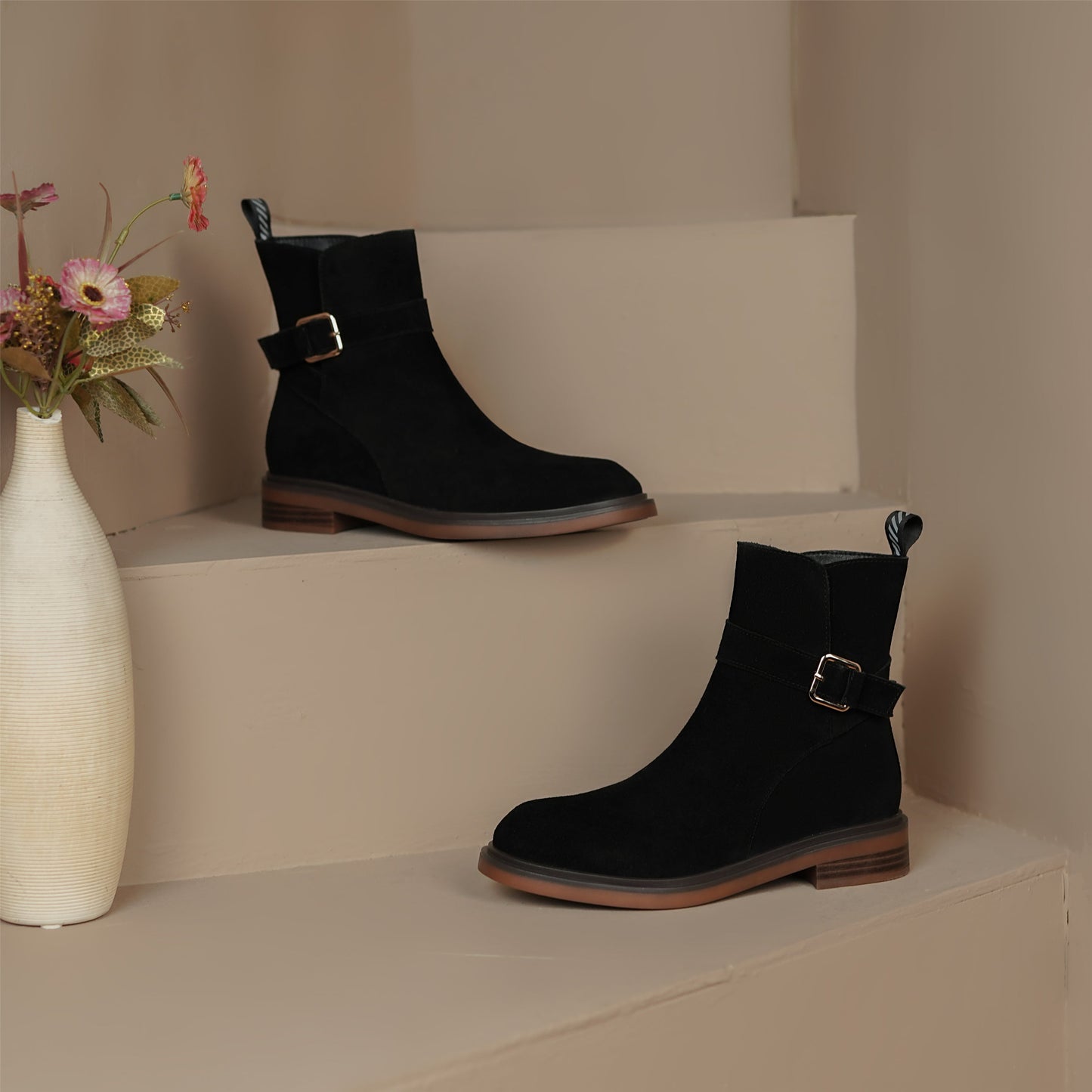 Nine Seven Handmade Women's Suede Leather Buckle Round Toe Low Chunky Heel Side Zipper Ankle Boots Shoes