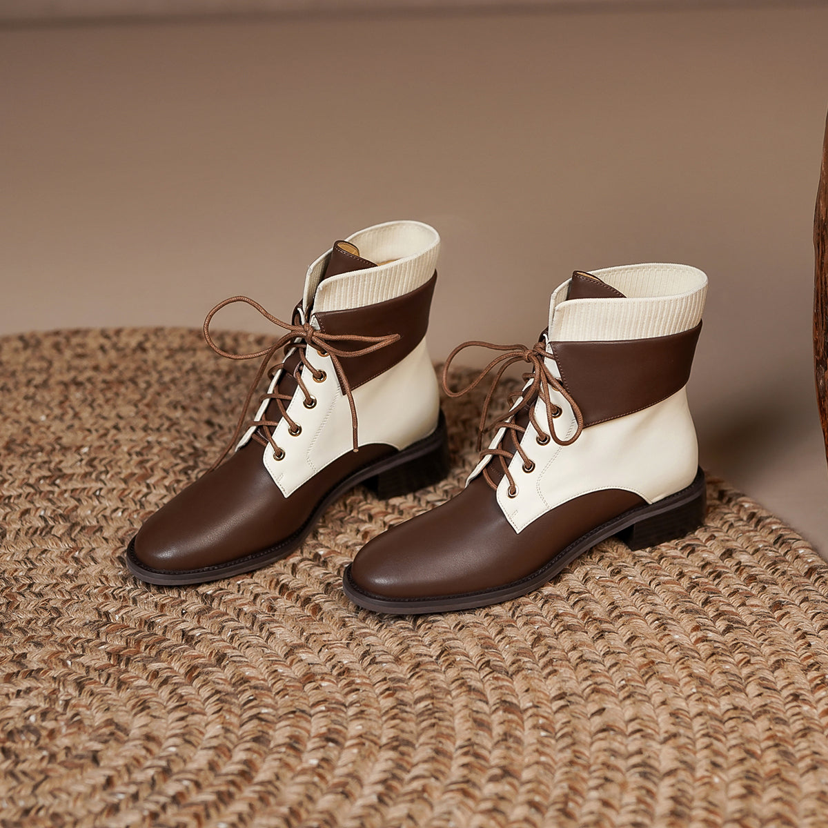 Nine Seven Handmade Women's Genuine Suede Leather Stitching Color Woolen Front Lace Up Round Toe Low Chunky Heel Ankle Boots